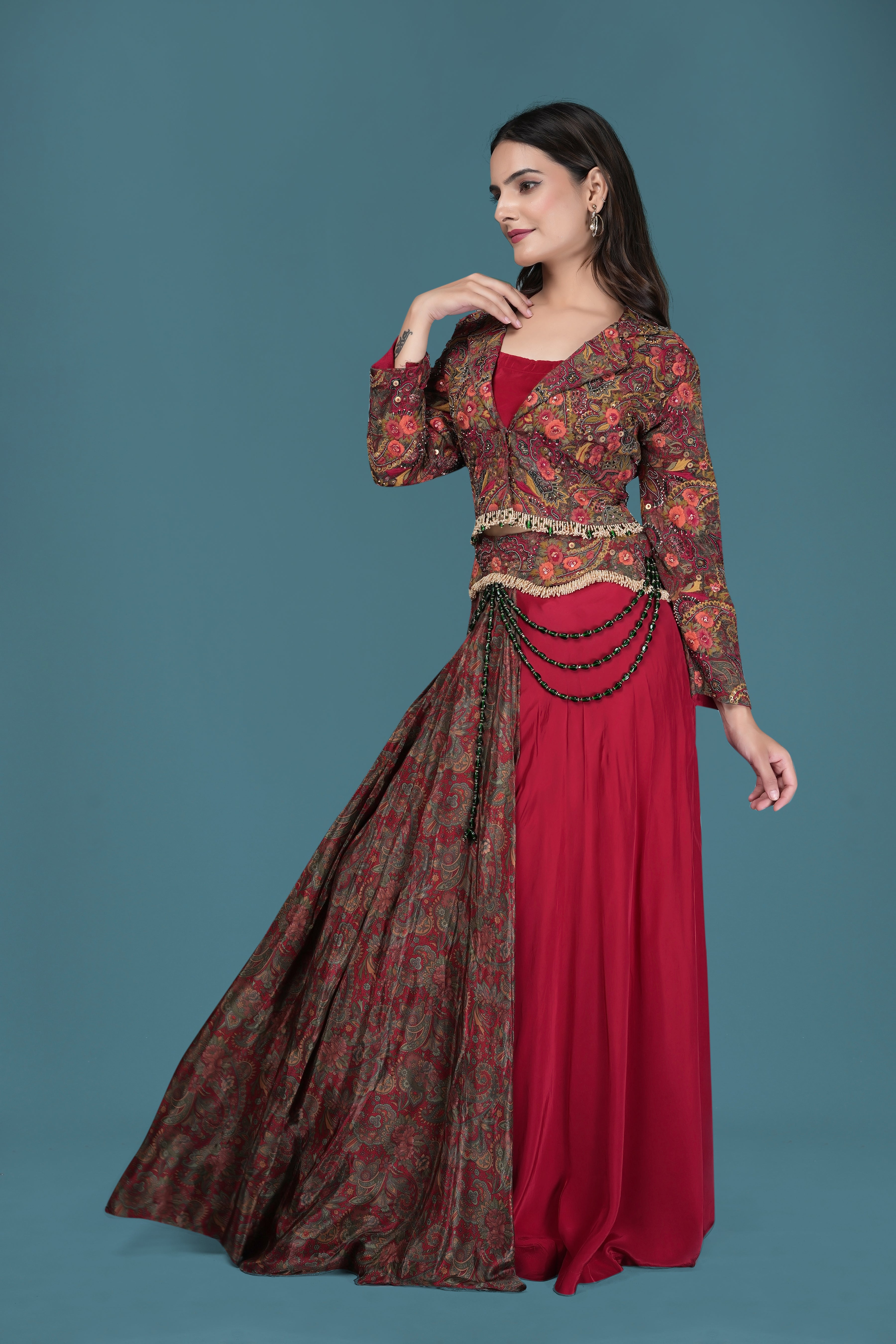 Elegant Maroon & Rust Draped Indo-Western Gown