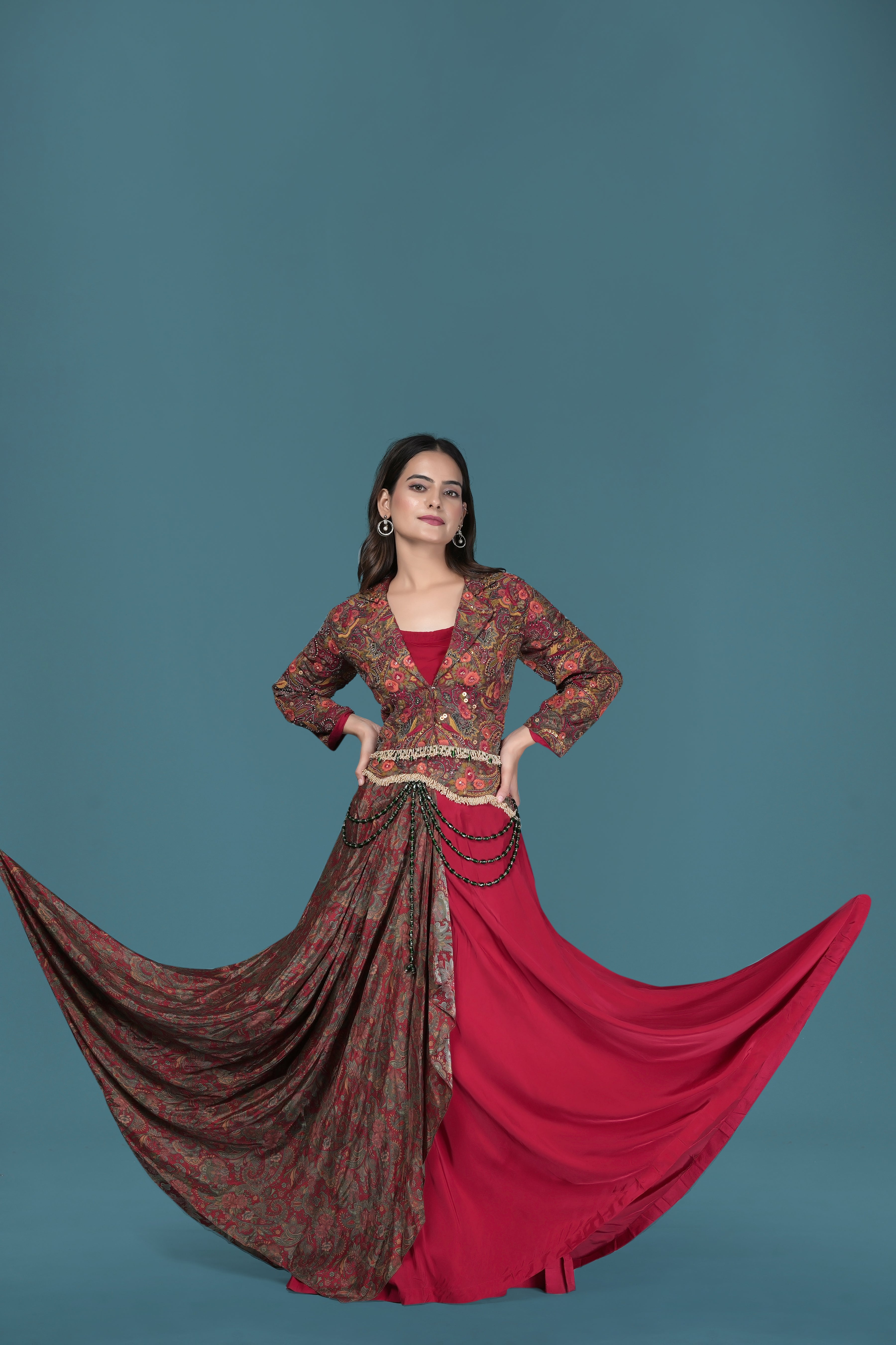 Elegant Maroon & Rust Draped Indo-Western Gown