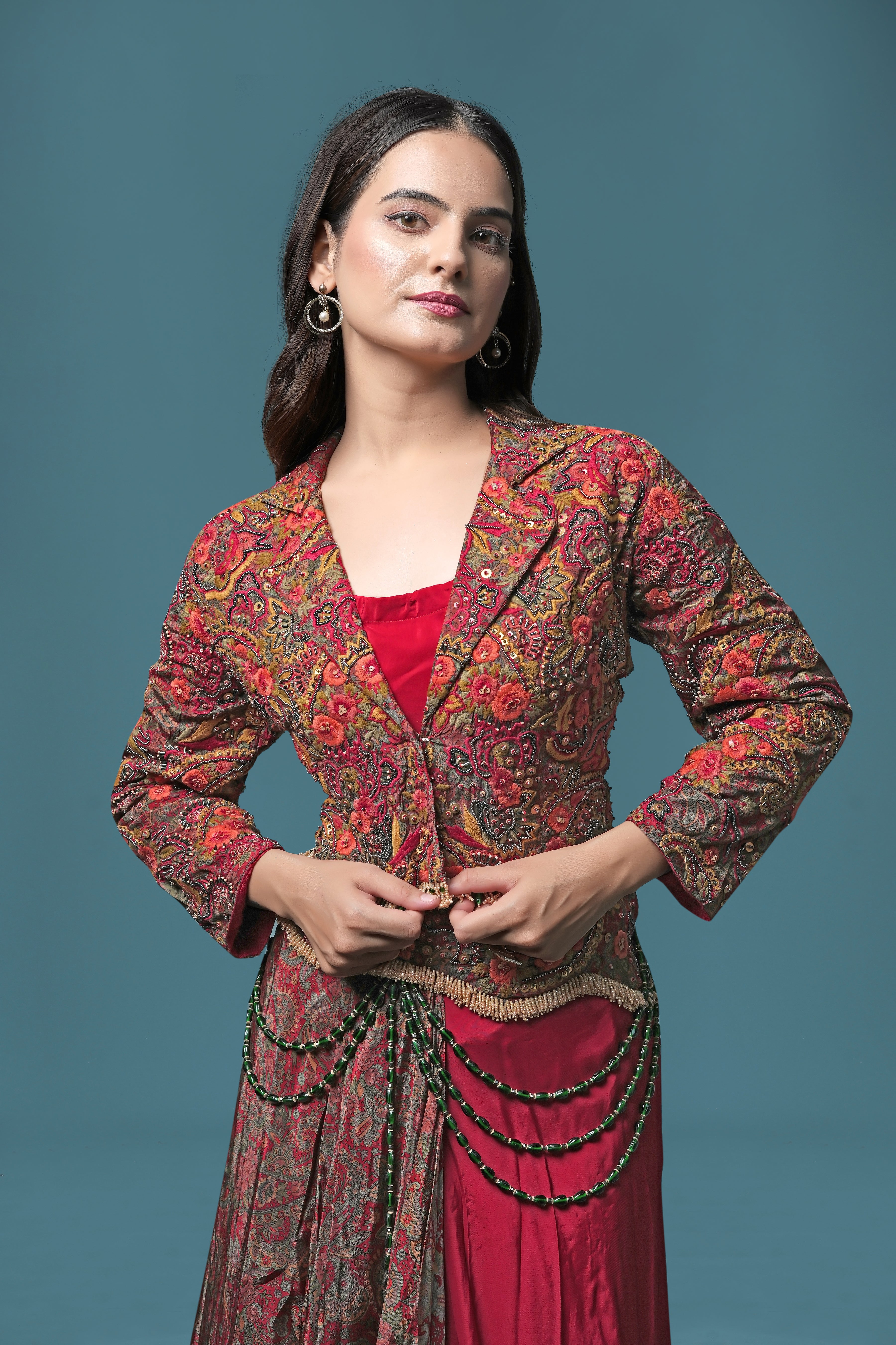 Elegant Maroon & Rust Draped Indo-Western Gown