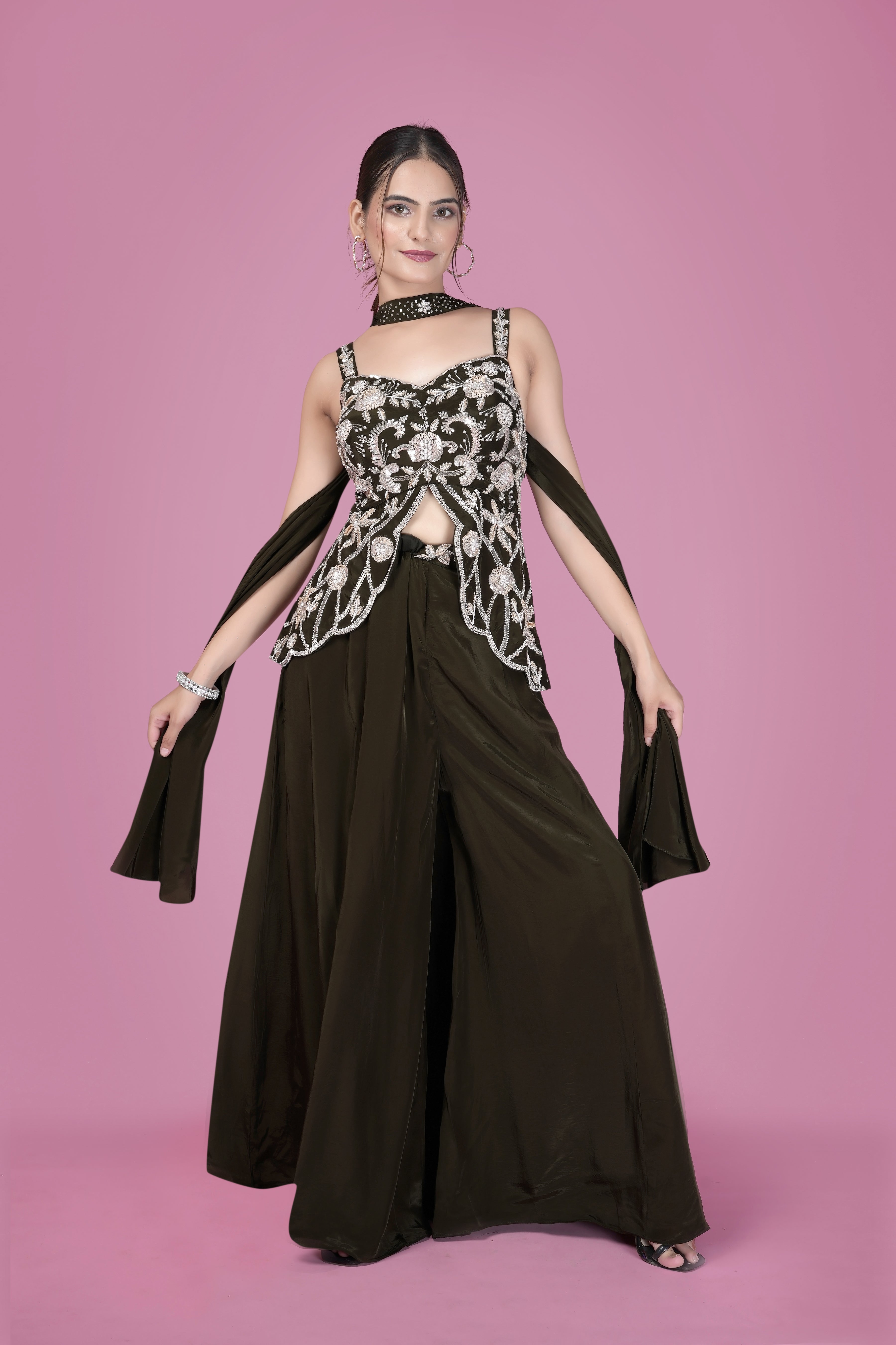 Olive Embellished Peplum Sharara Set