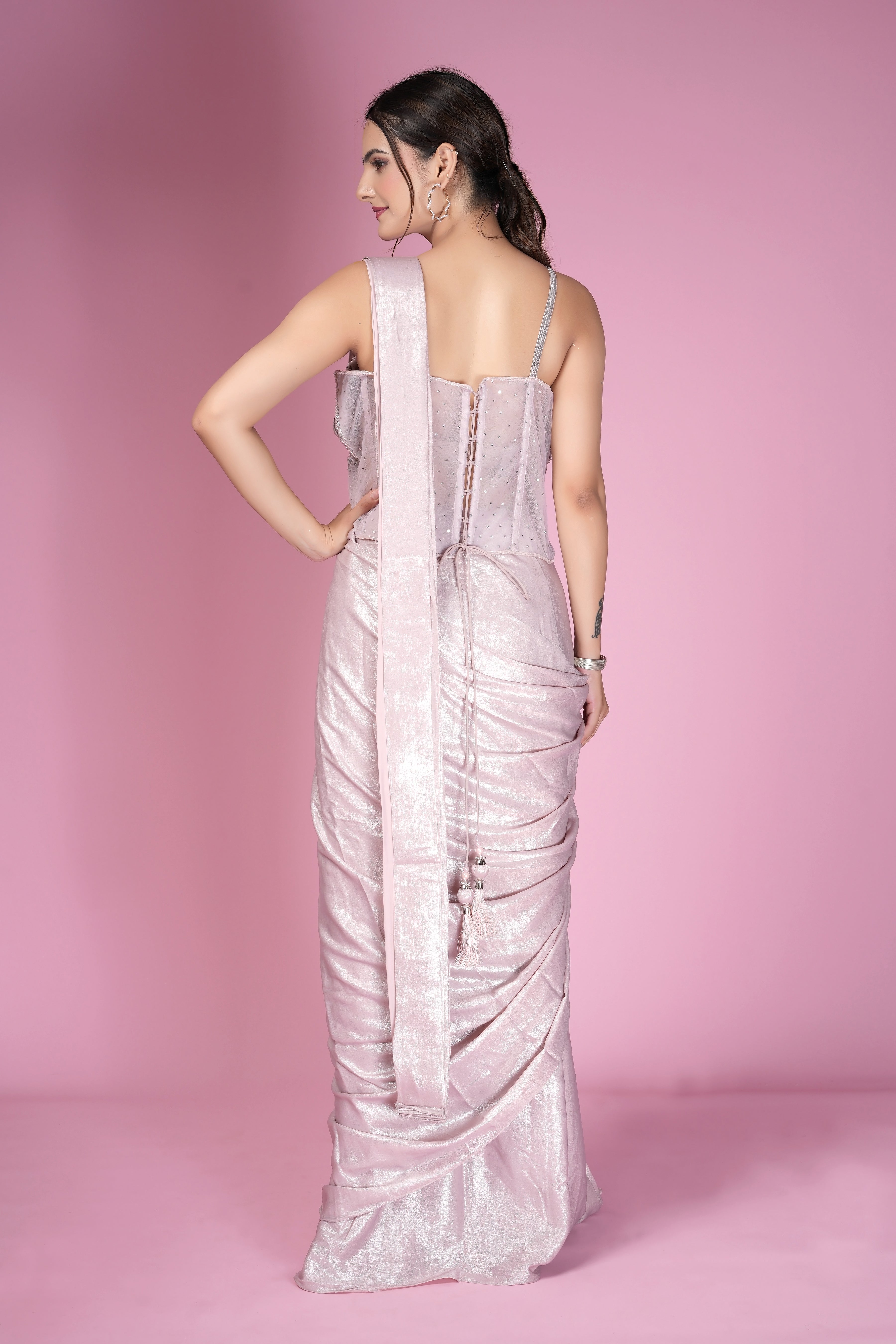 Blush Pink Shimmer Saree with Hand-Embellished Blouse