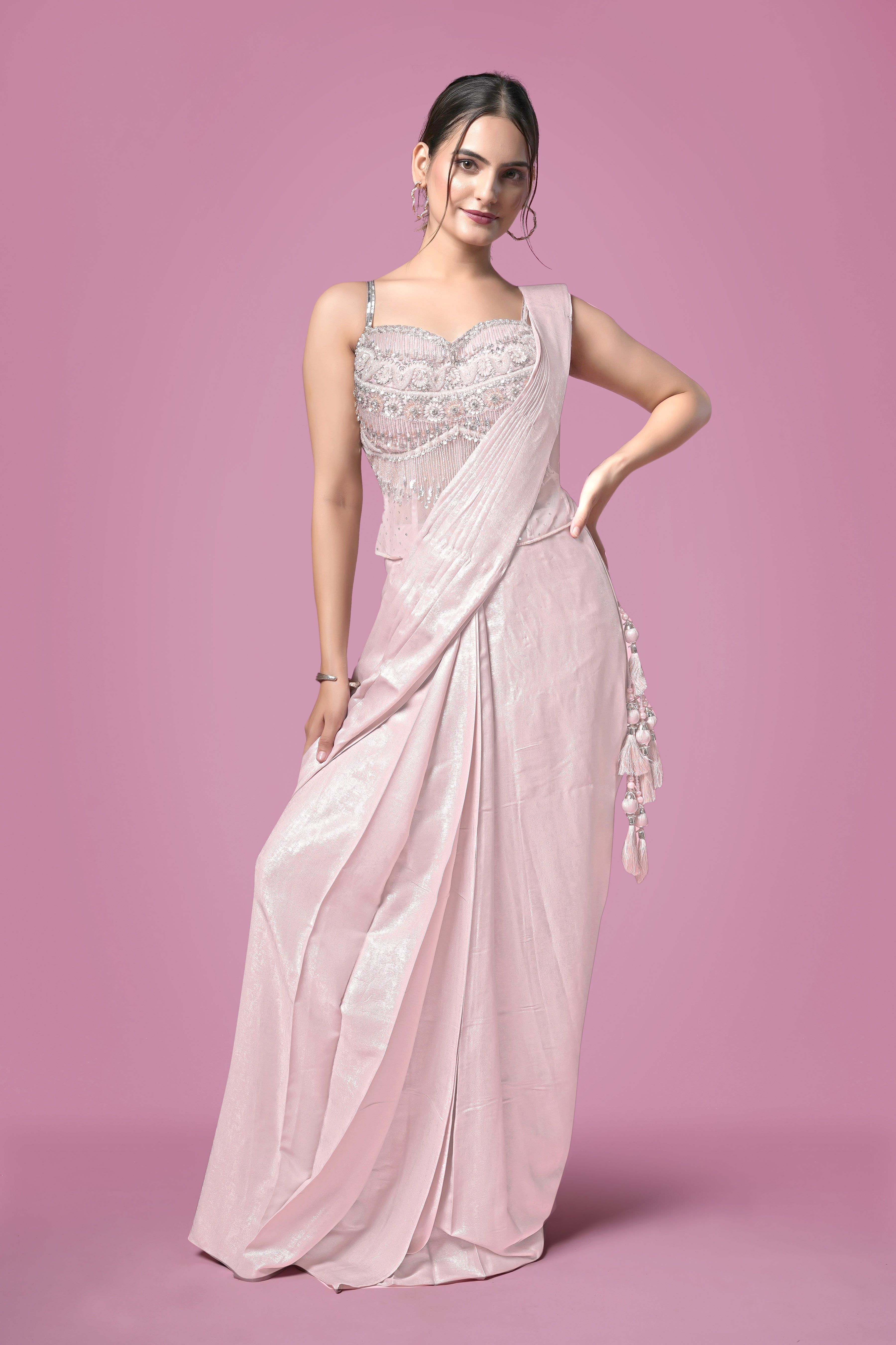 Blush Pink Shimmer Saree with Hand-Embellished Blouse