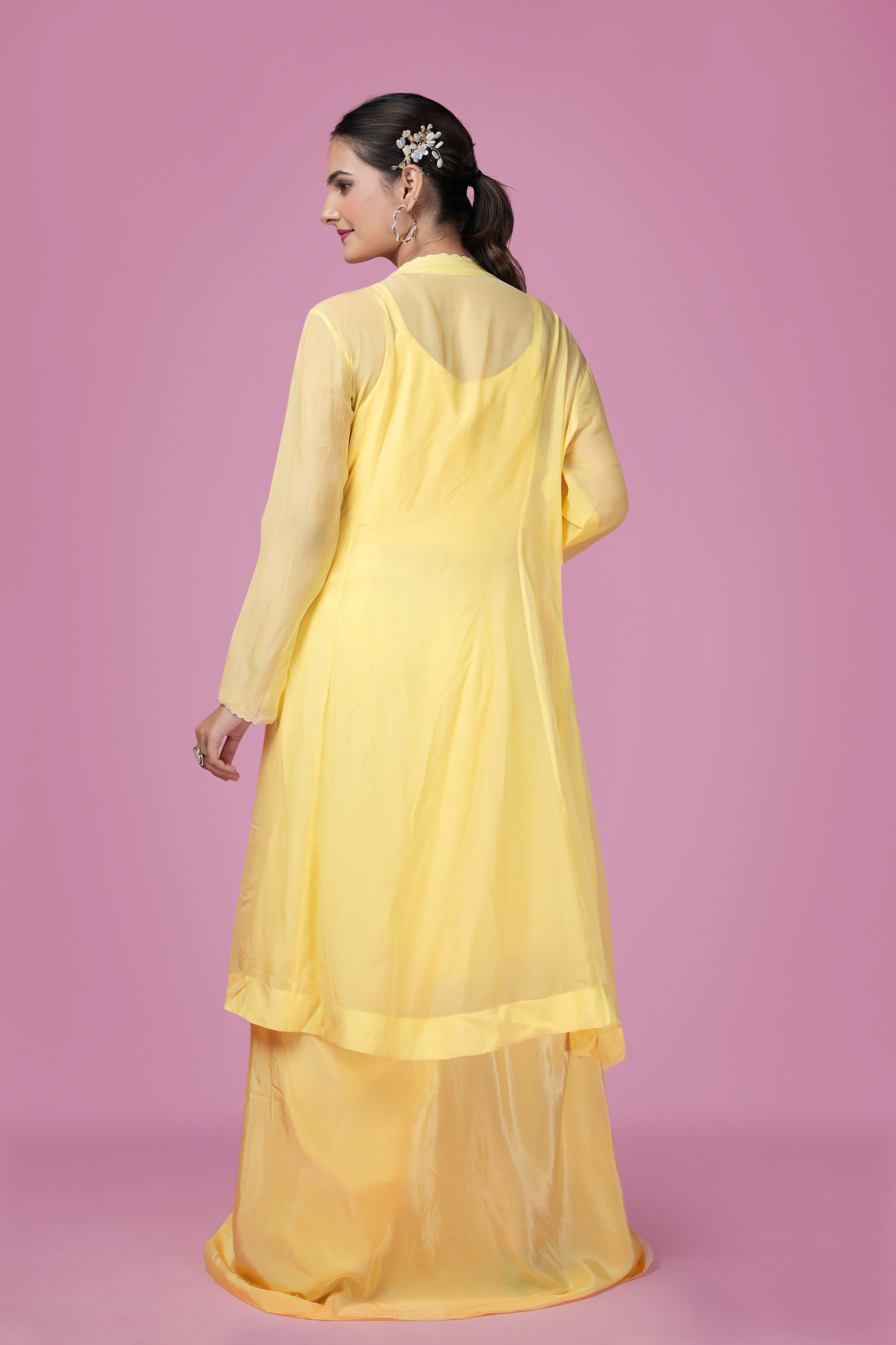 Sunshine Yellow Embroidered Jacket Drape Gown