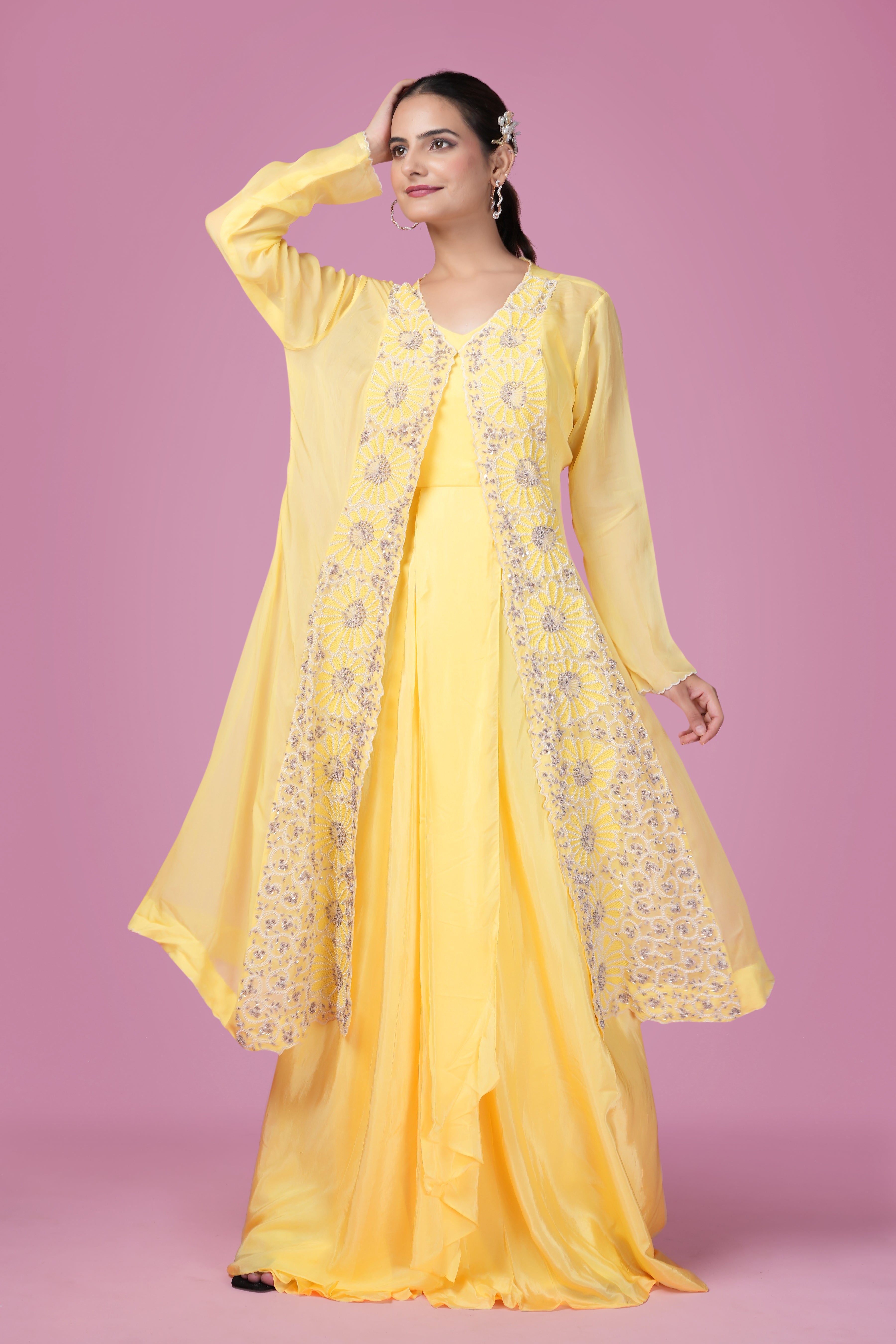 Sunshine Yellow Embroidered Jacket Drape Gown