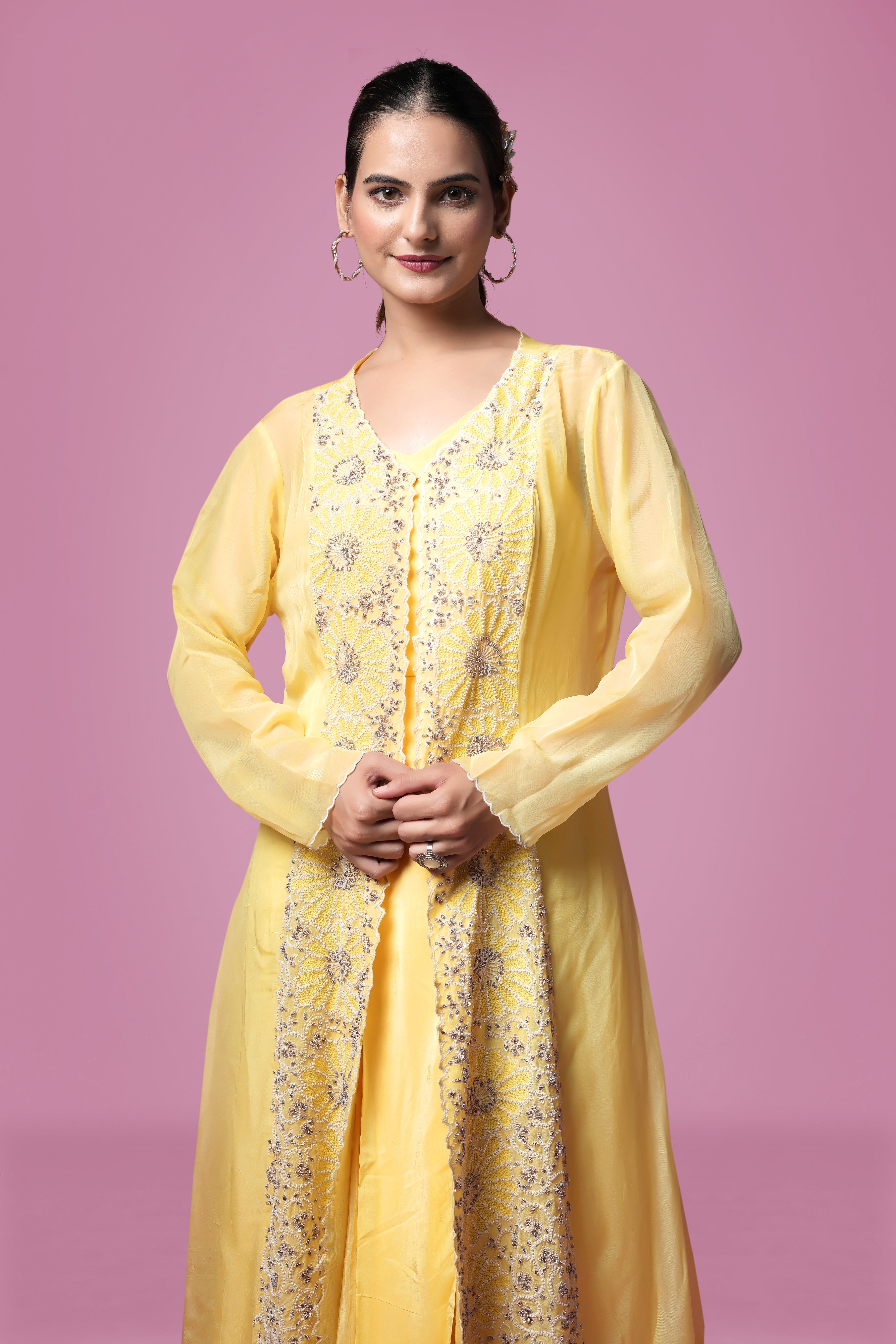 Sunshine Yellow Embroidered Jacket Drape Gown