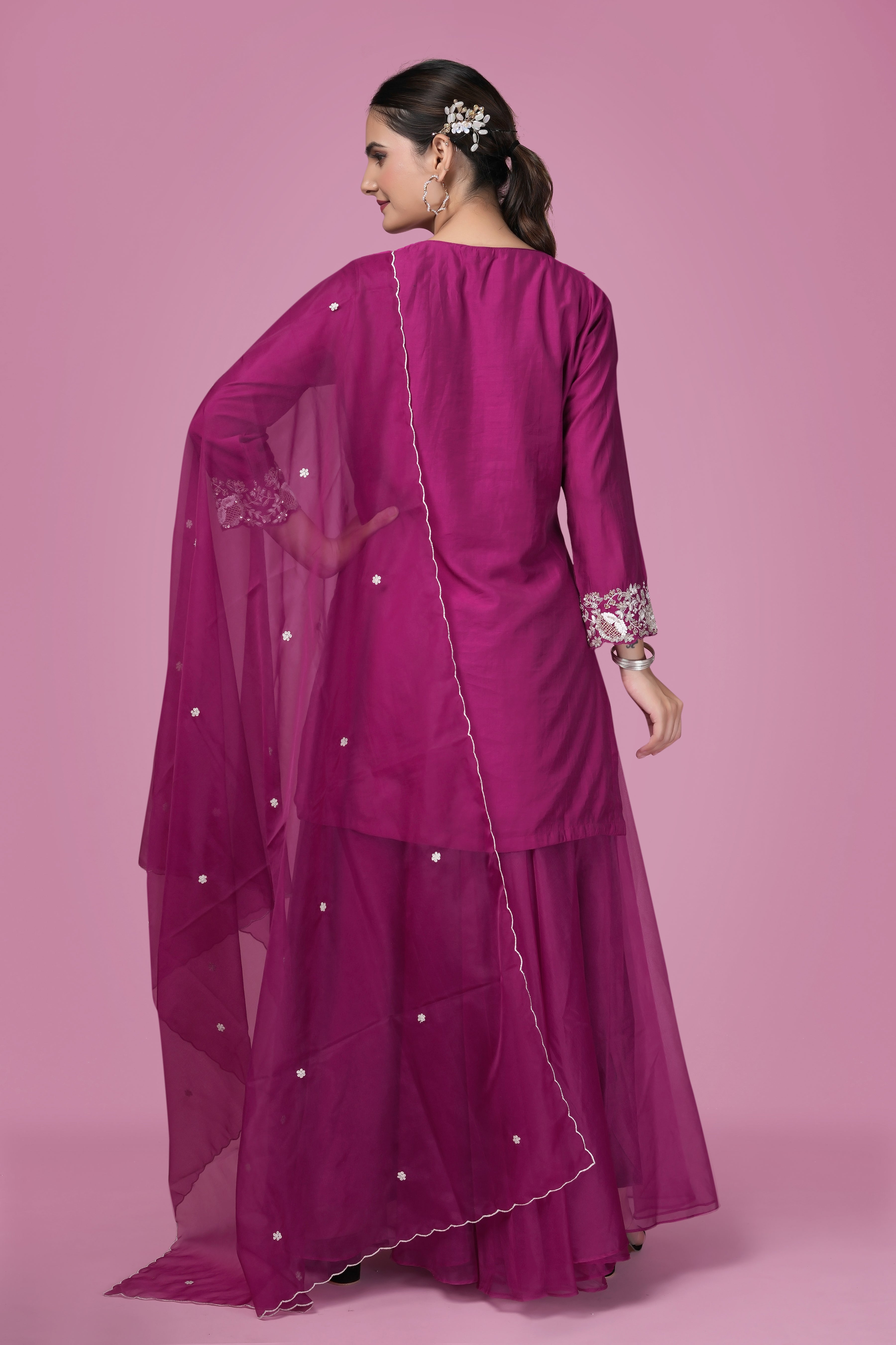 Magenta Hand-Embroidered Kurta with Flared Sharara & Dupatta Set