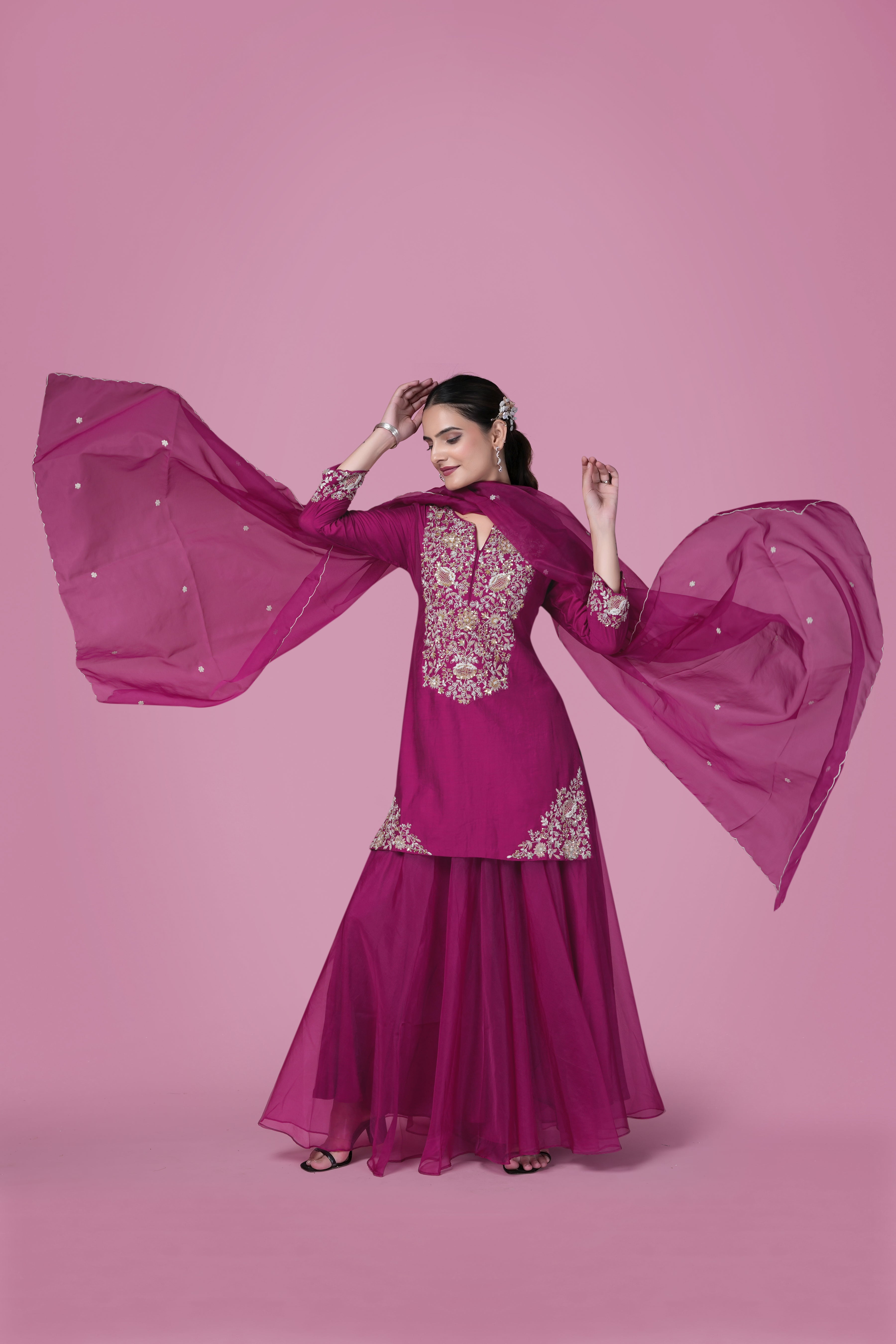Magenta Hand-Embroidered Kurta with Flared Sharara & Dupatta Set