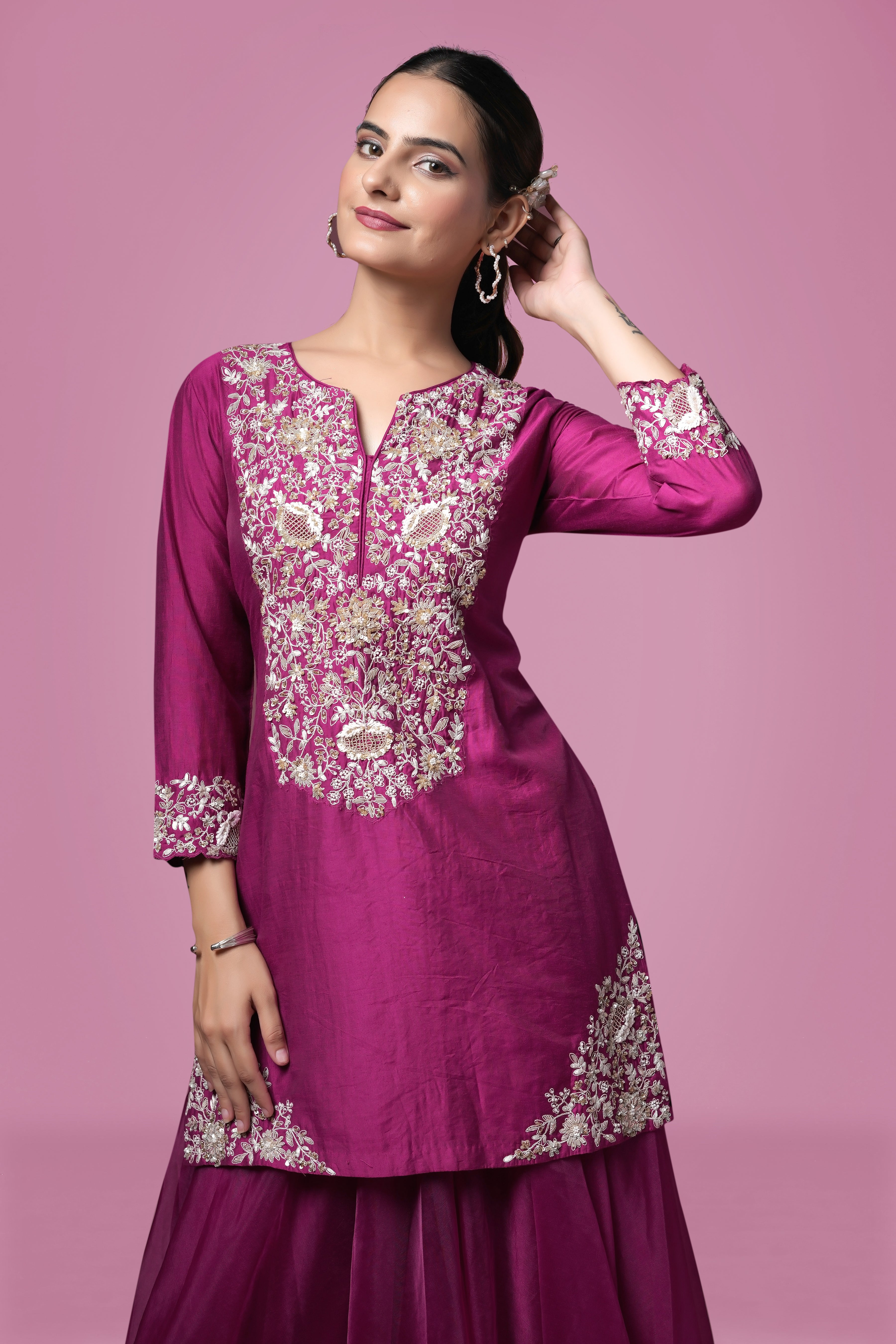 Magenta Hand-Embroidered Kurta with Flared Sharara & Dupatta Set