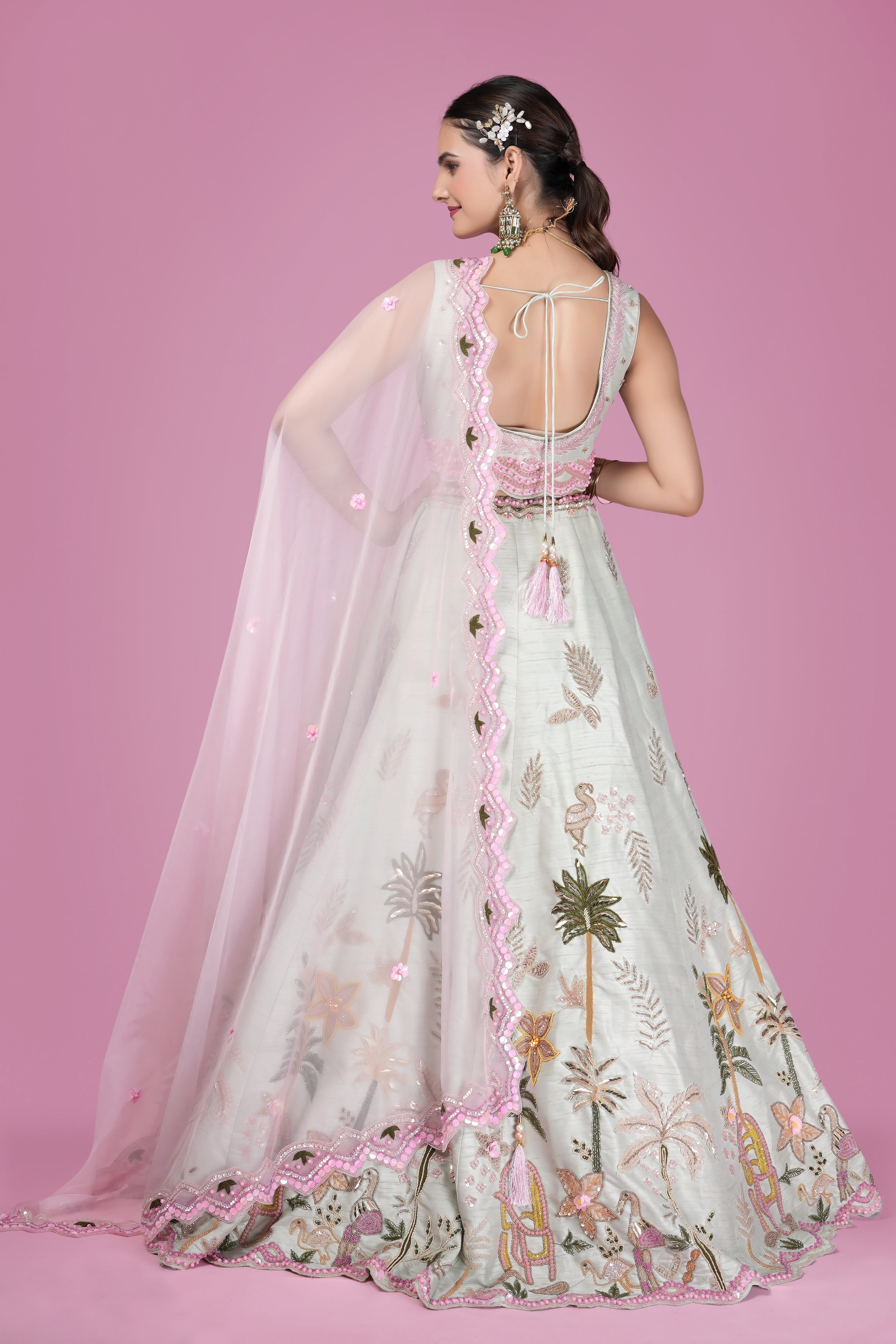 Pastel Mint Embroidered Lehenga Set with Pink Detailing & Sheer Dupatta