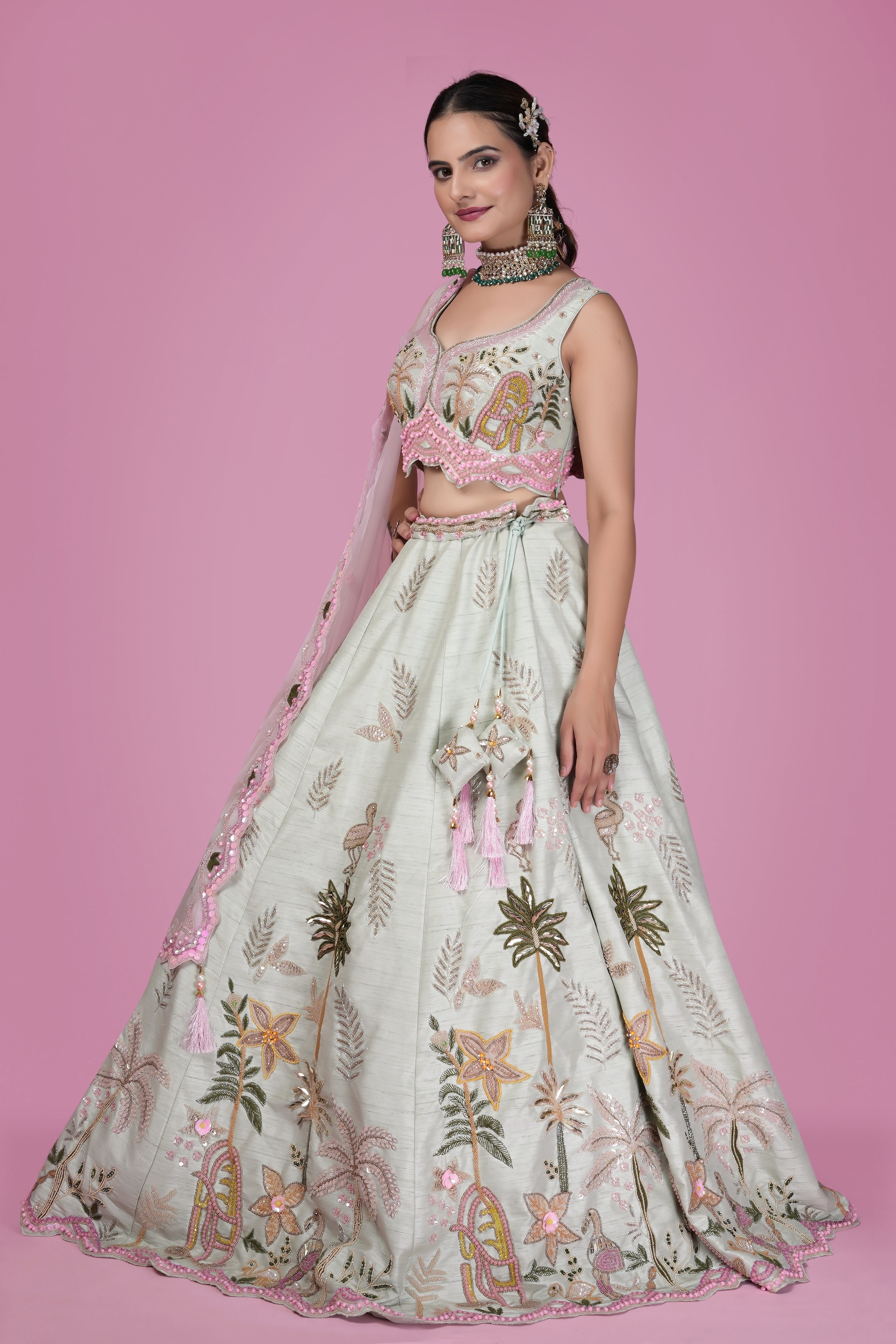 Pastel Mint Embroidered Lehenga Set with Pink Detailing & Sheer Dupatta