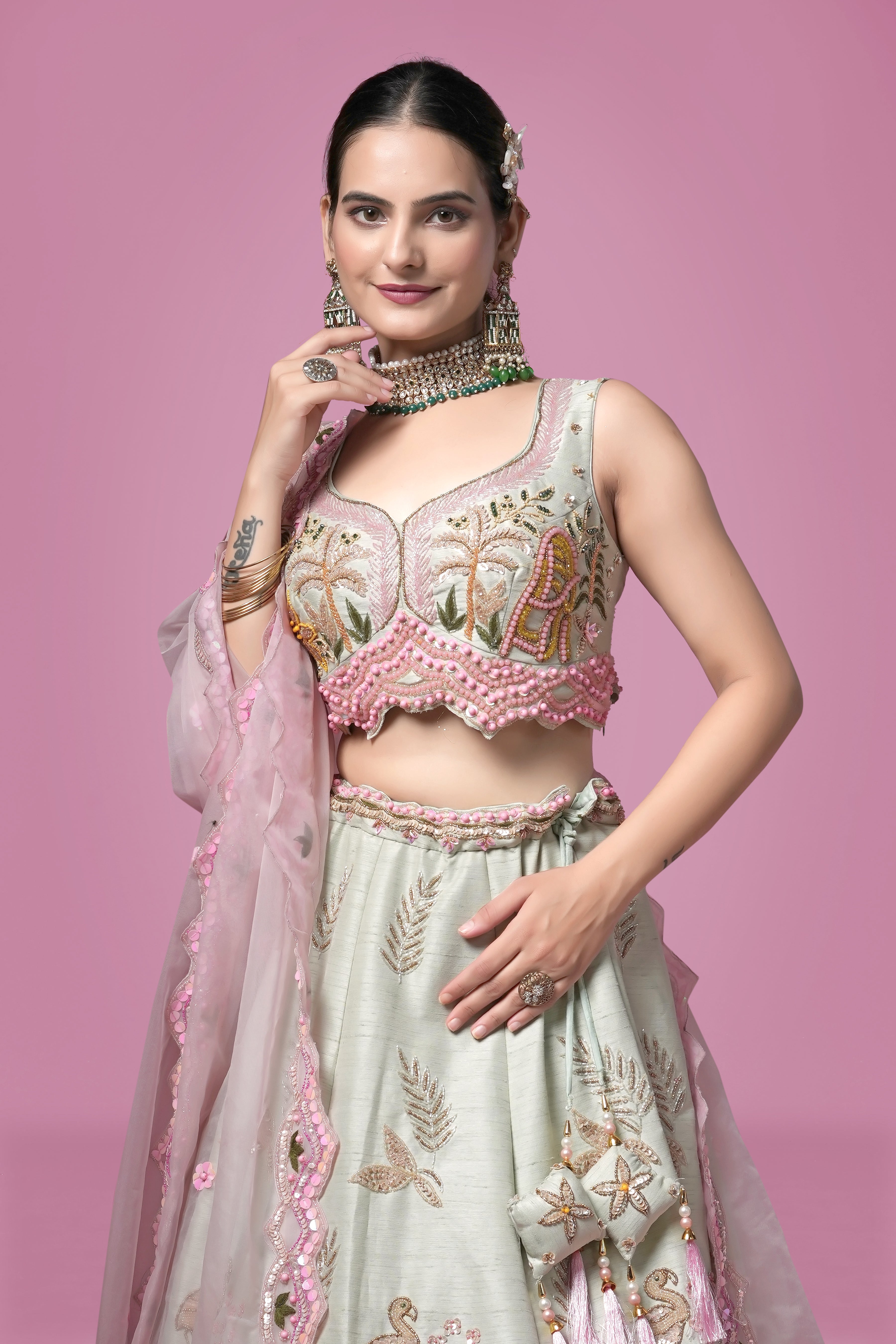 Pastel Mint Embroidered Lehenga Set with Pink Detailing & Sheer Dupatta