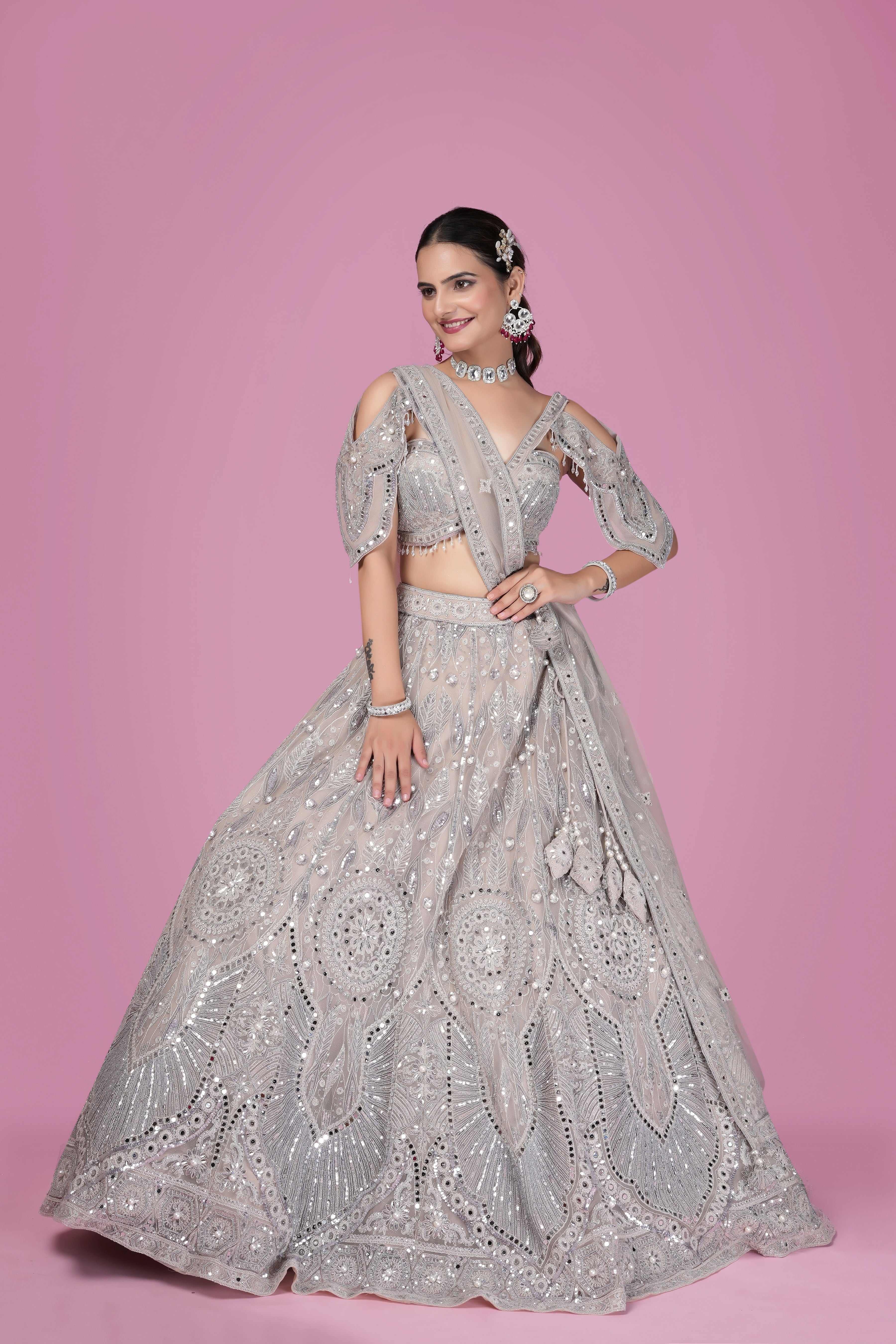 Silver Celeste Mirror Embroidered Designer Lehenga Set