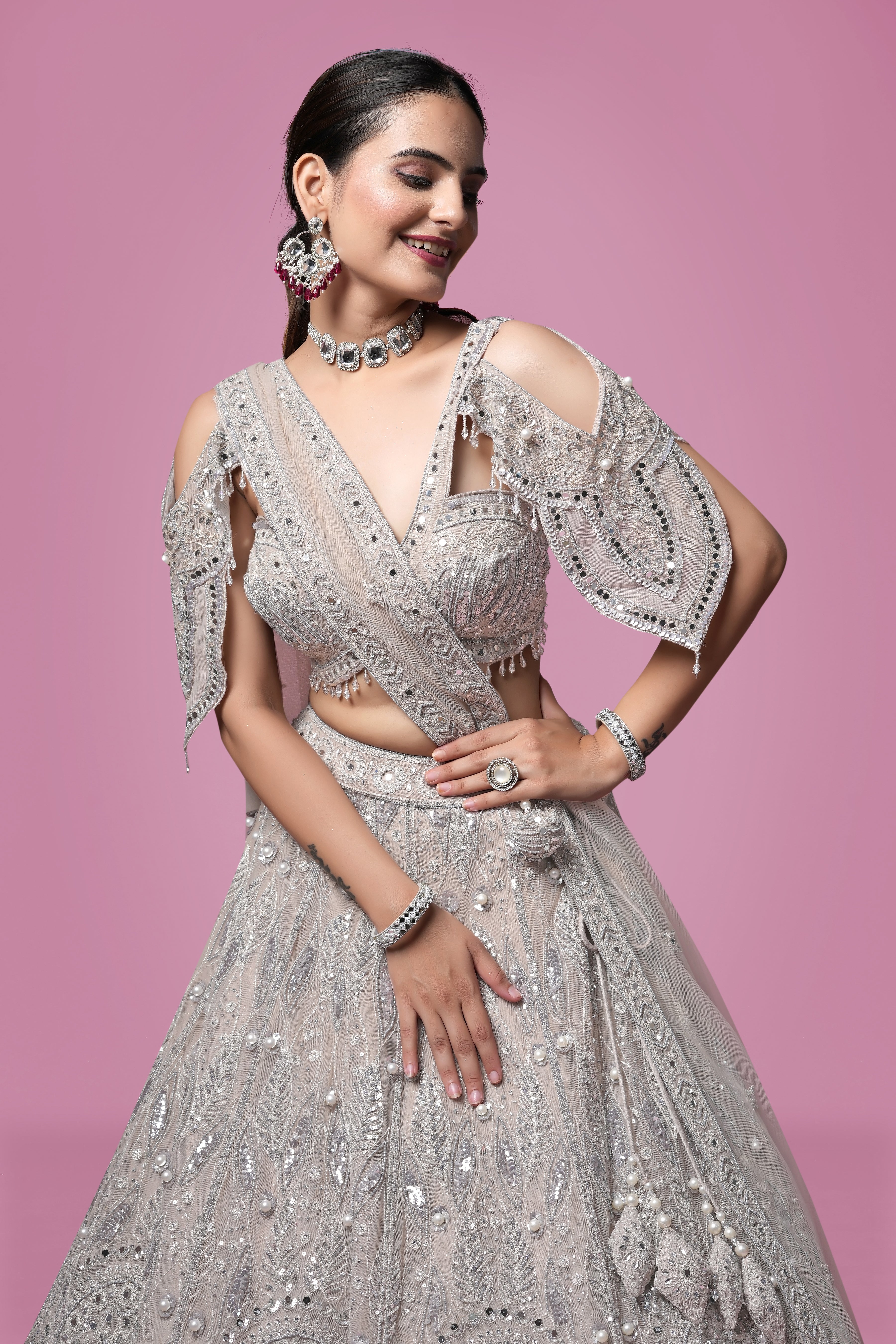 Silver Celeste Mirror Embroidered Designer Lehenga Set