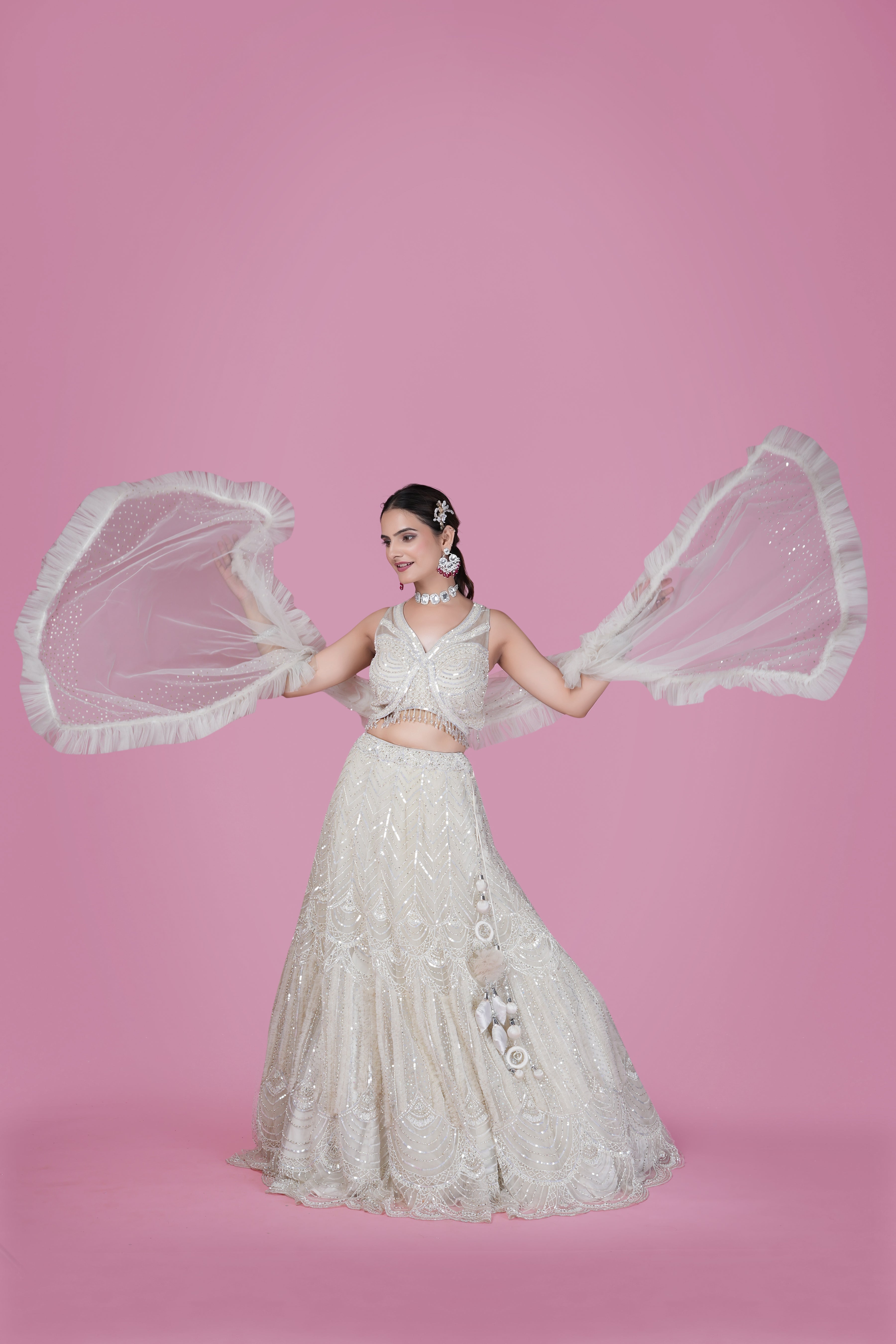 Ivory Crystal Embellished Designer Lehenga Set with Ruffle Dupatta