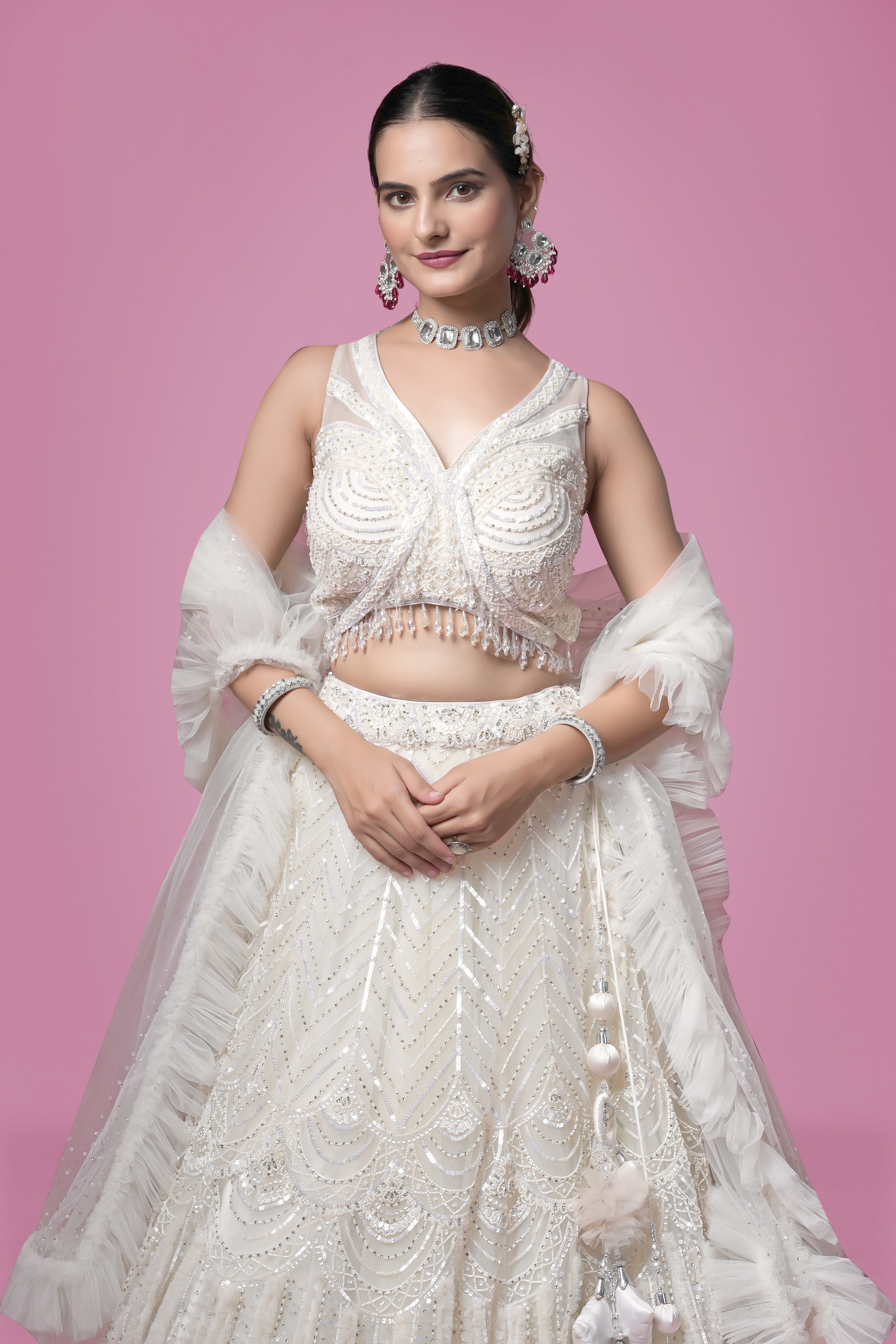 Ivory Crystal Embellished Designer Lehenga Set with Ruffle Dupatta