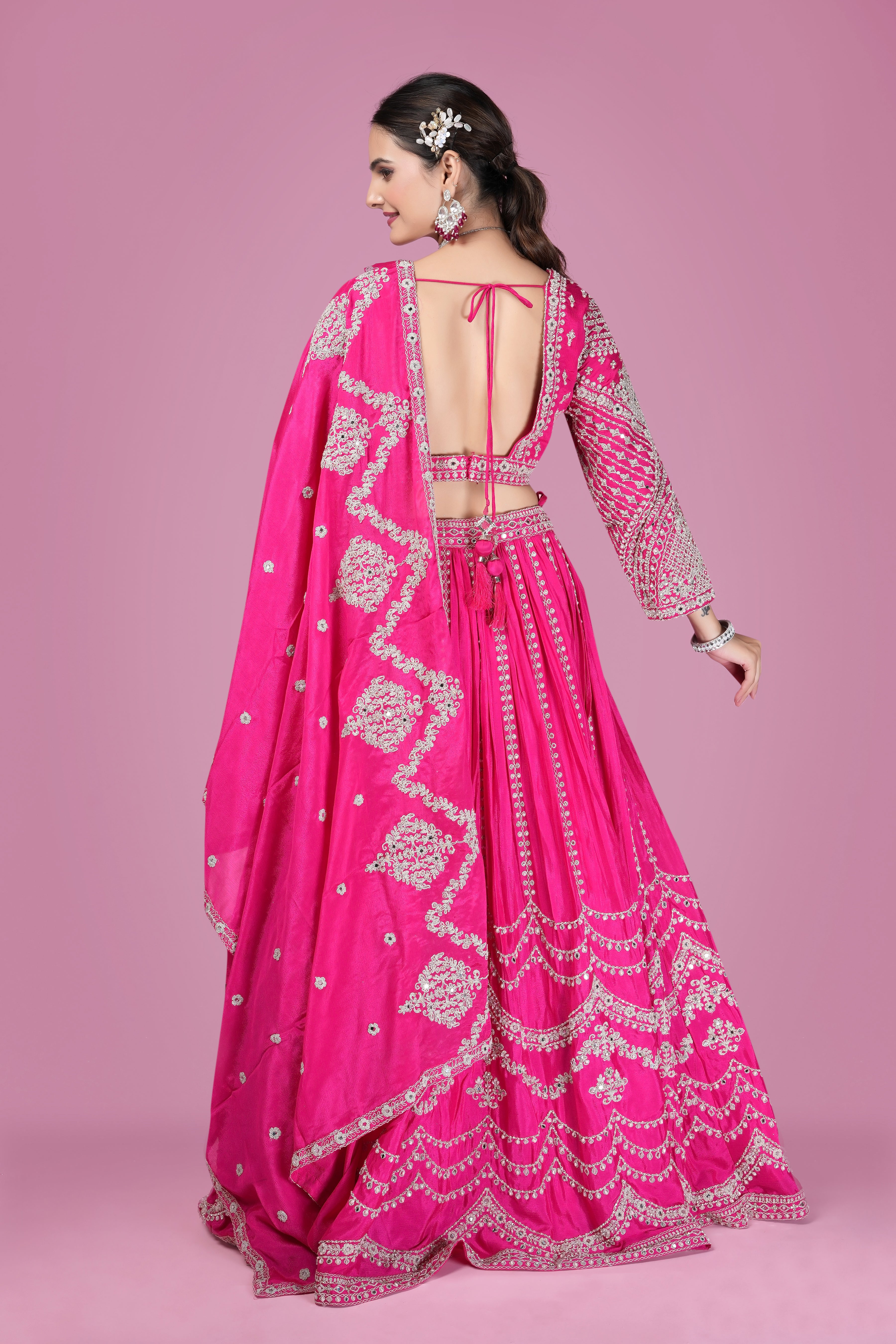 Fuchsia Pink Embroidered Silk Lehenga Set