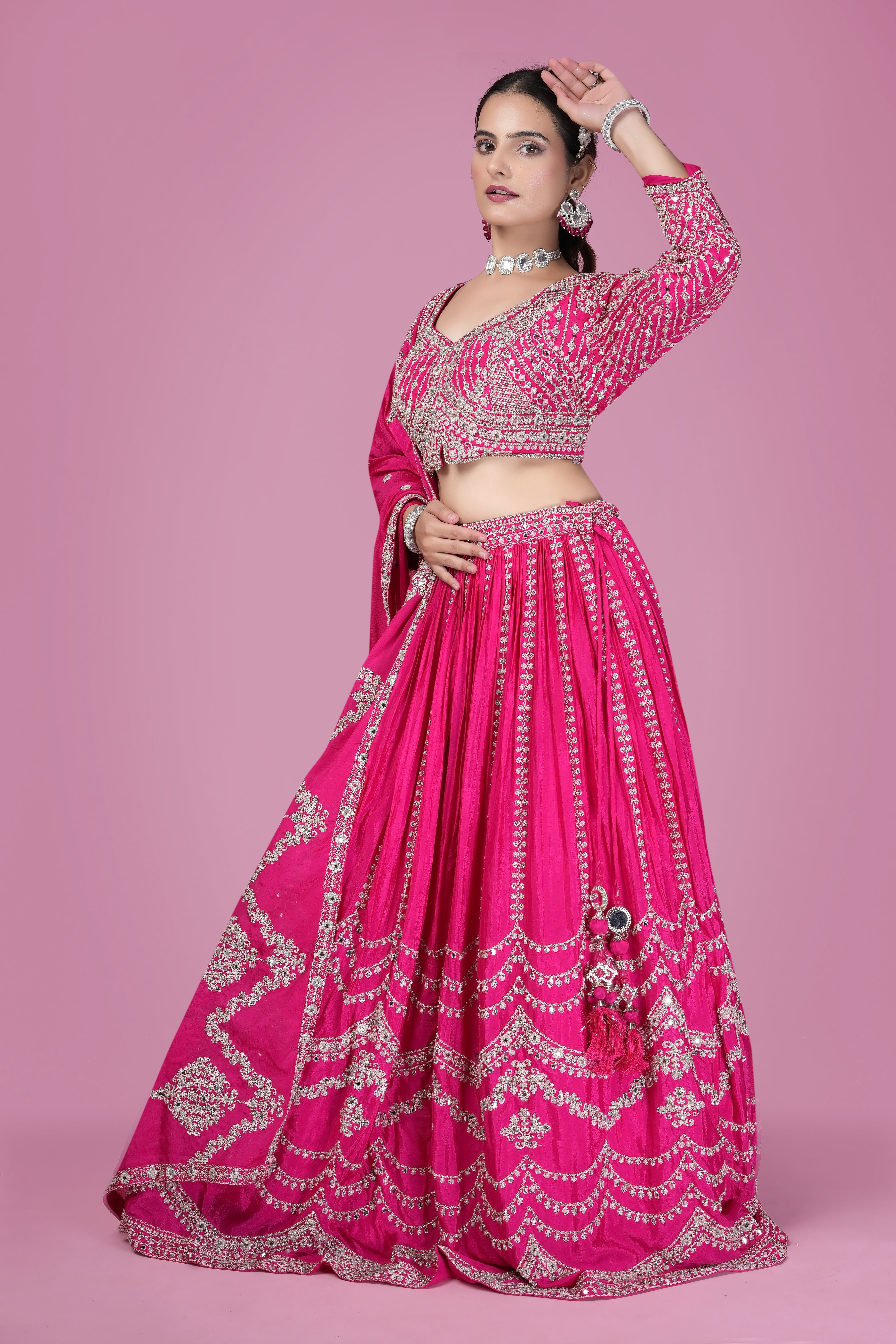 Fuchsia Pink Embroidered Silk Lehenga Set