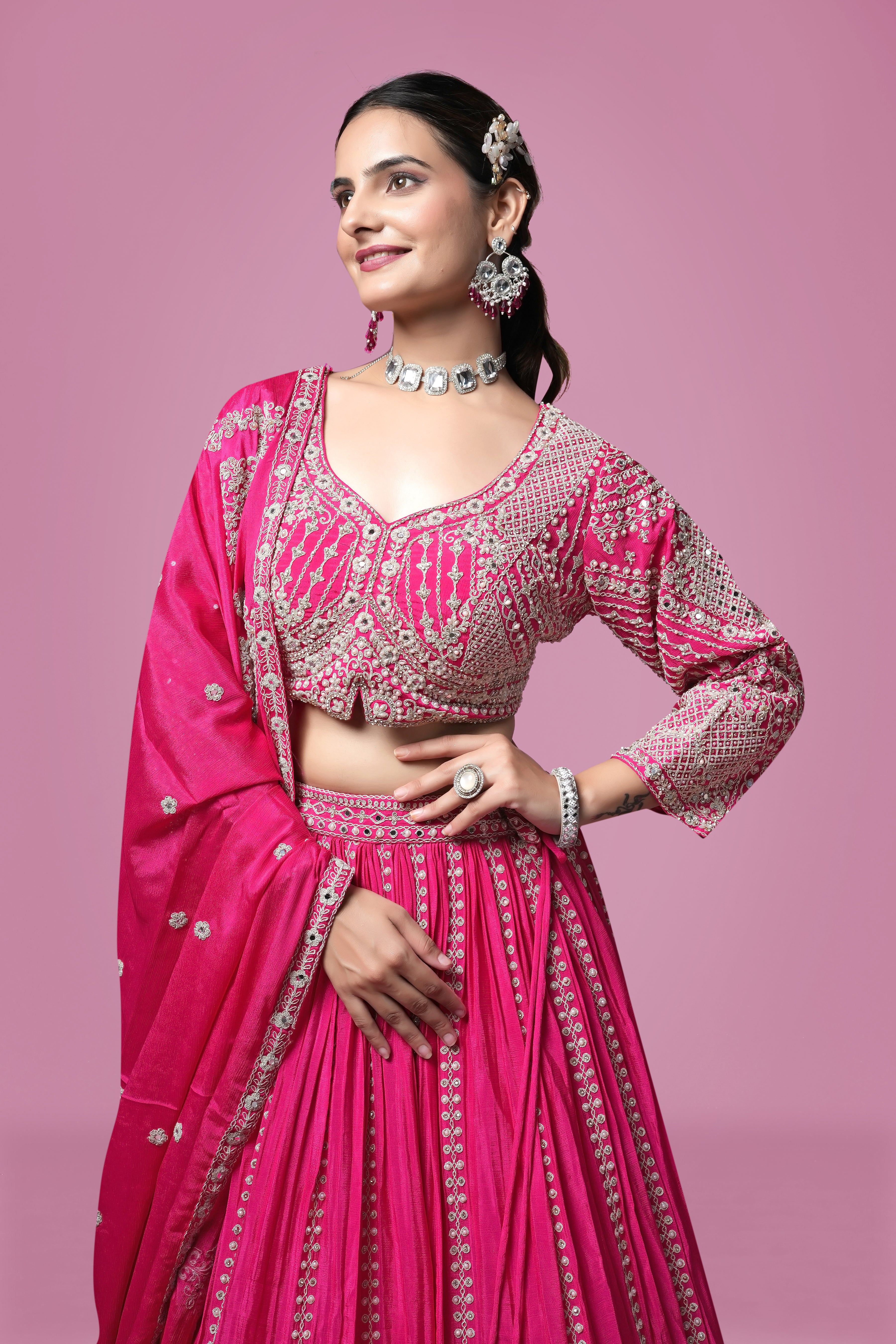 Fuchsia Pink Embroidered Silk Lehenga Set