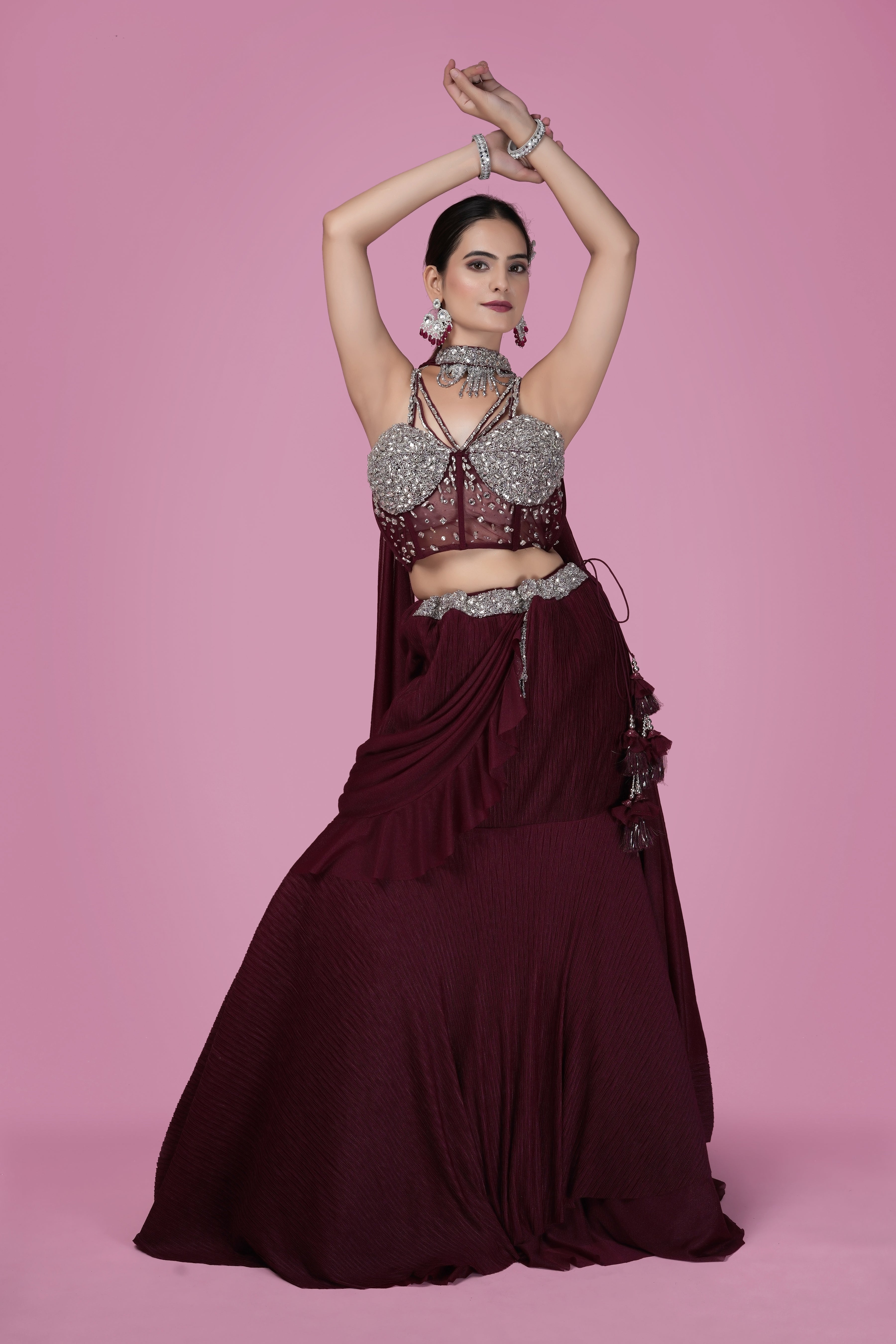 Wine Draped Lehenga with Silver Embellished Bustier