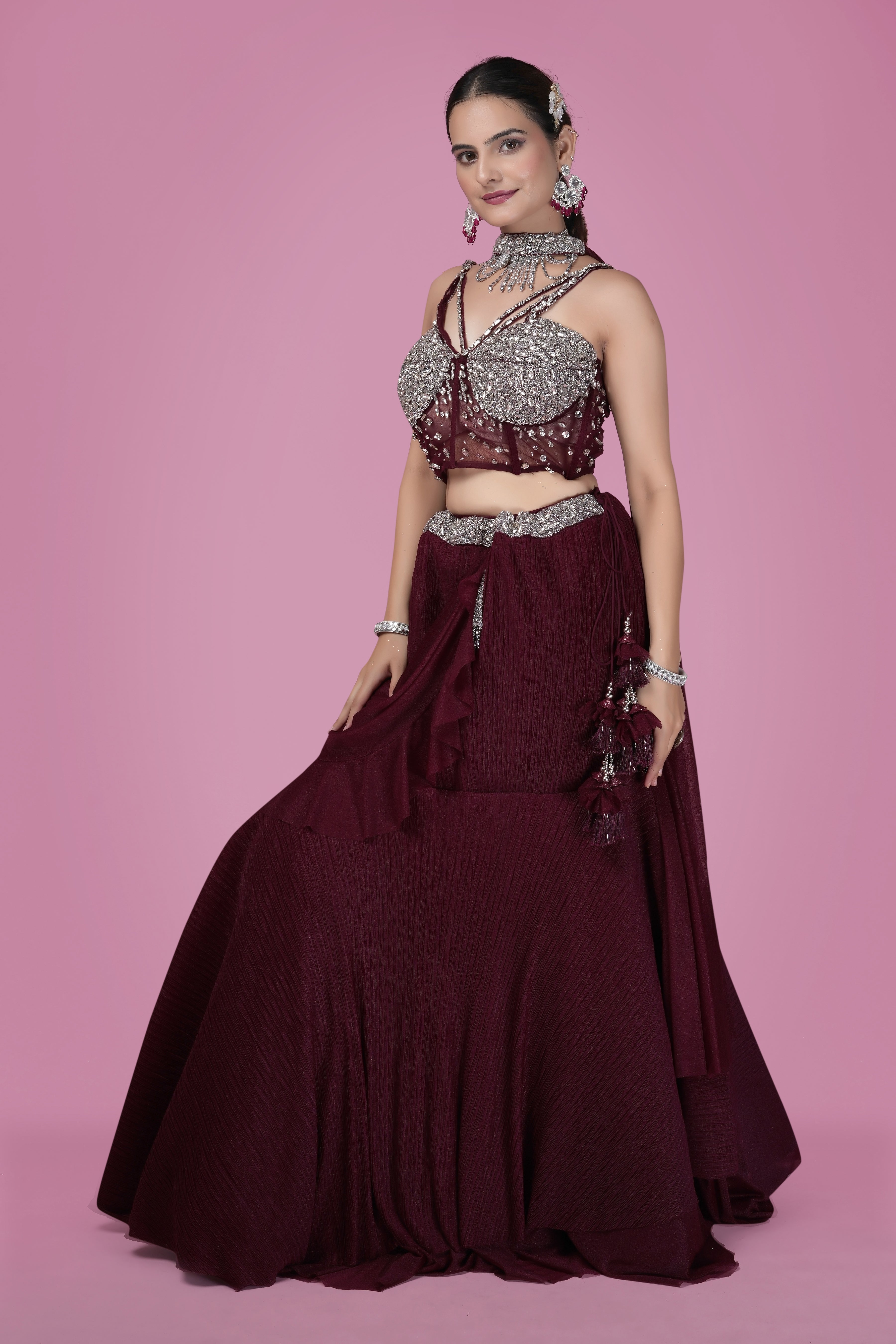 Wine Draped Lehenga with Silver Embellished Bustier