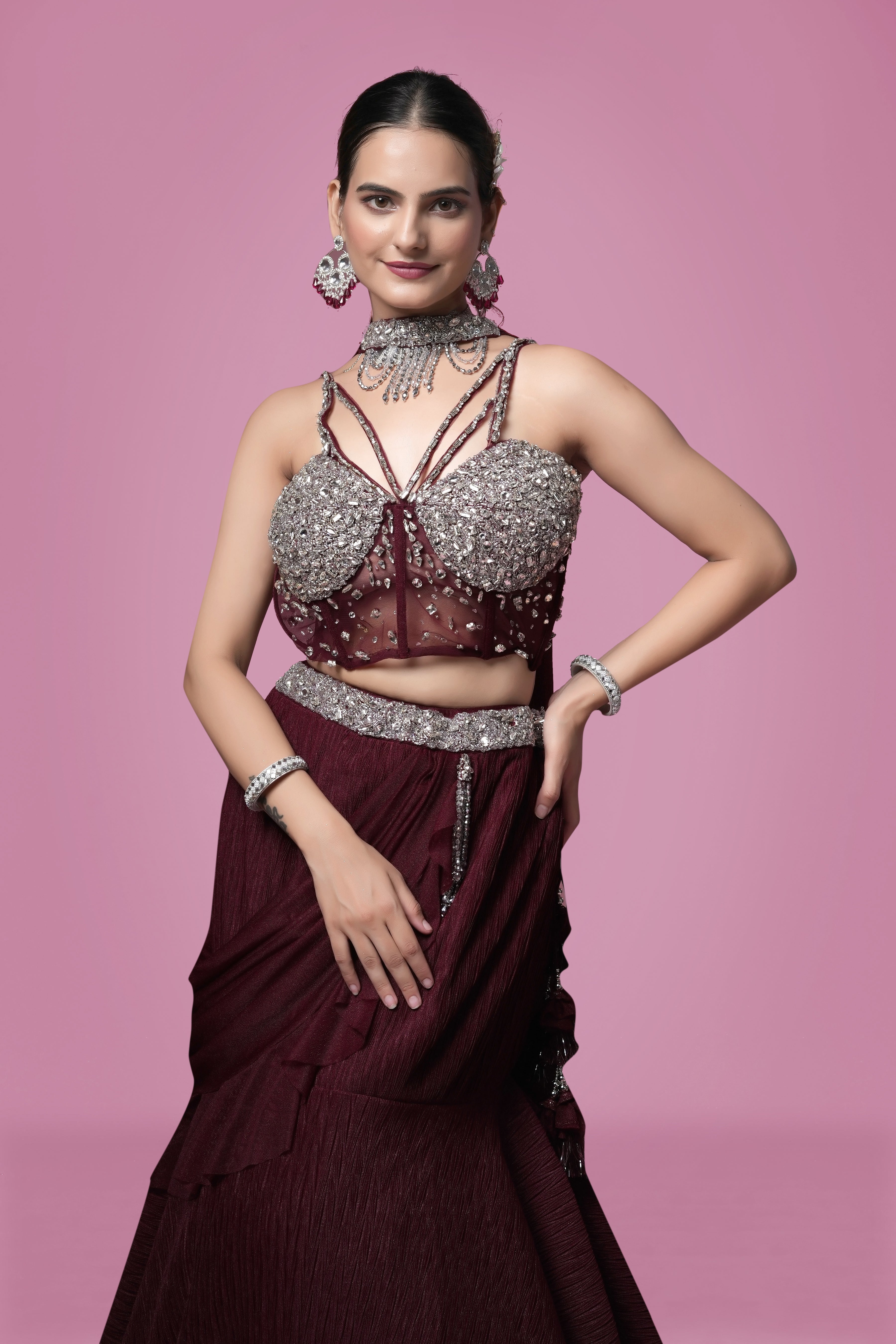 Wine Draped Lehenga with Silver Embellished Bustier