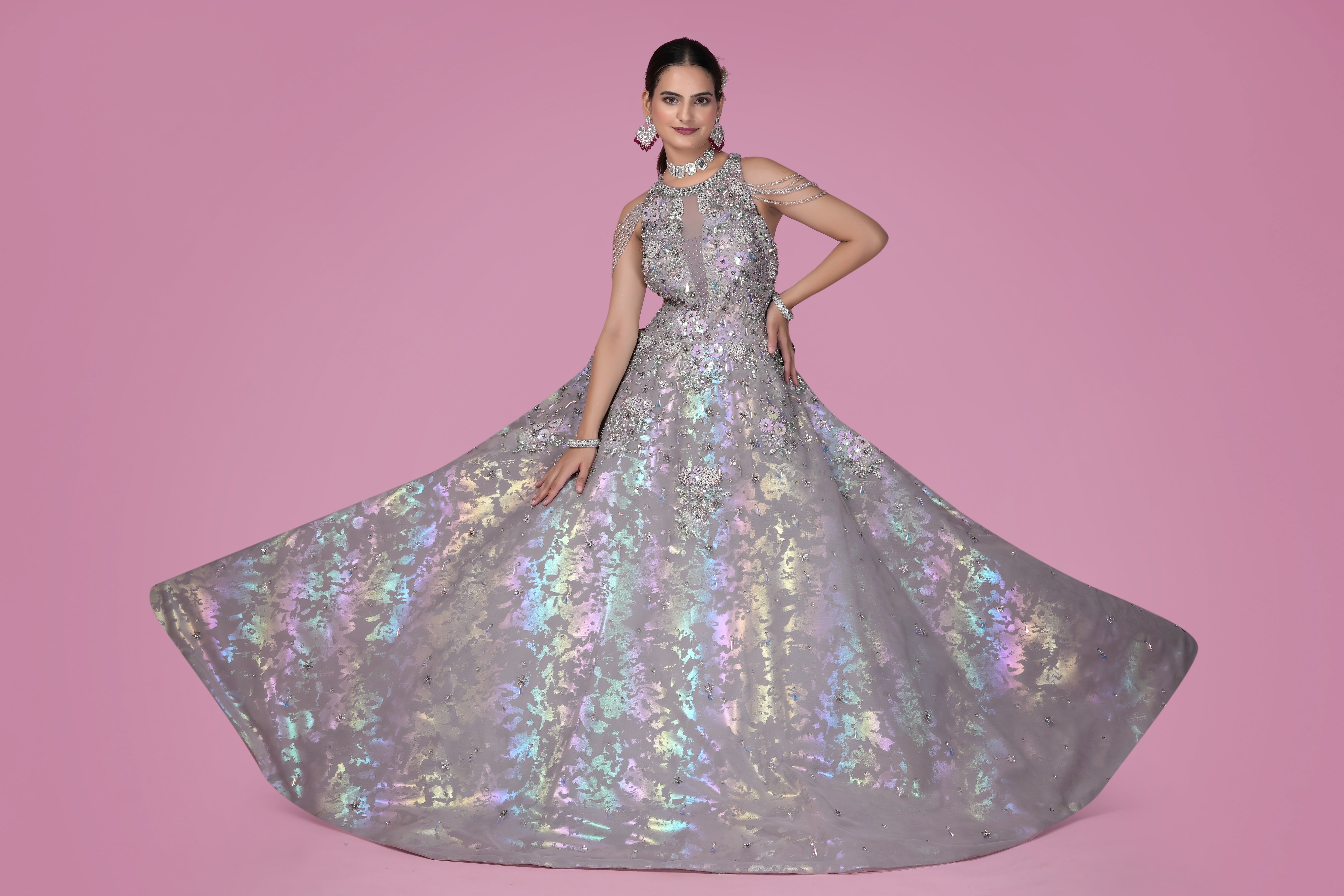 Iridescent Silver Ball Gown with Crystal Embellishments