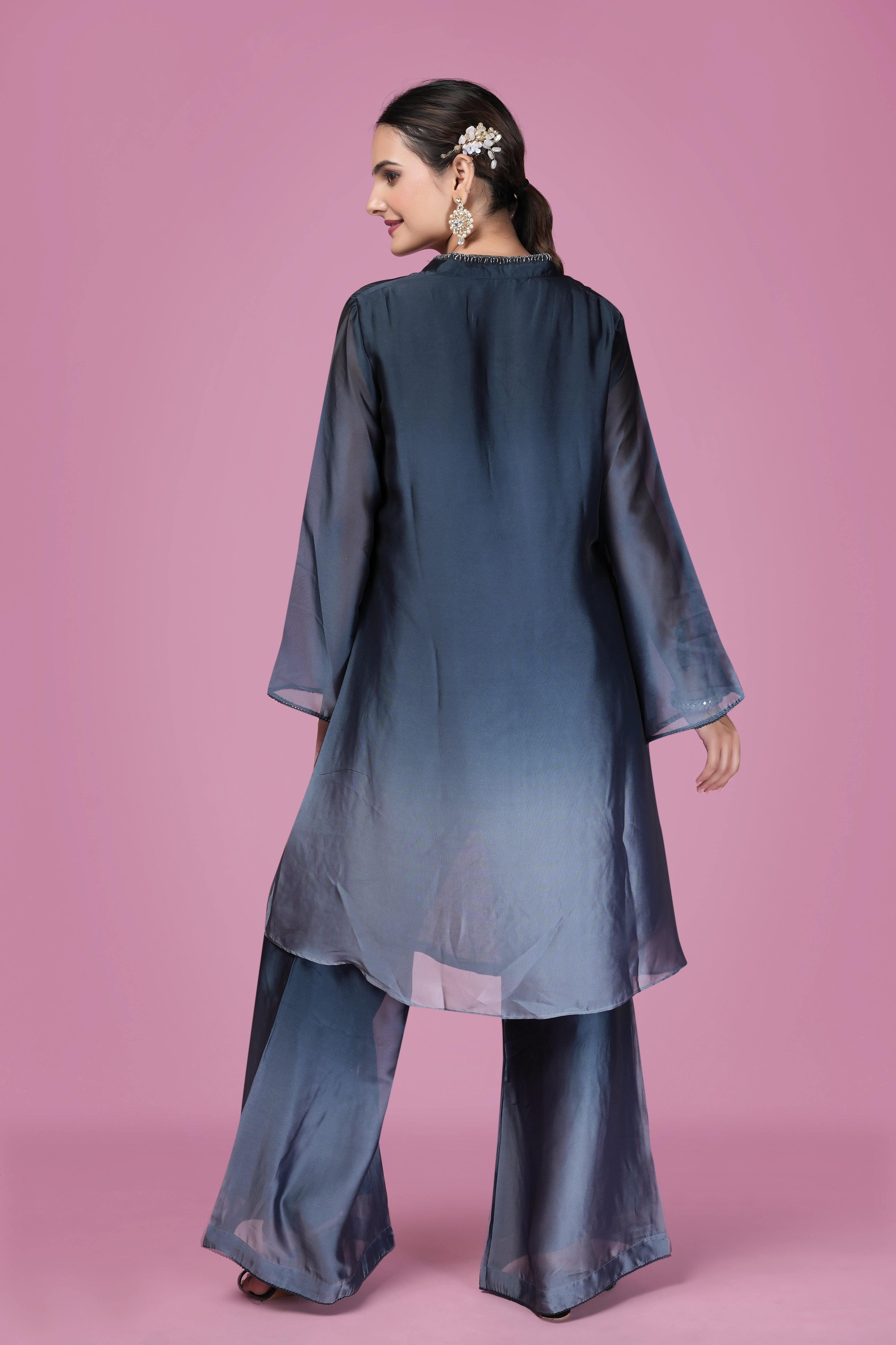 Midnight Blue Satin Embroidered Co-Ord Set