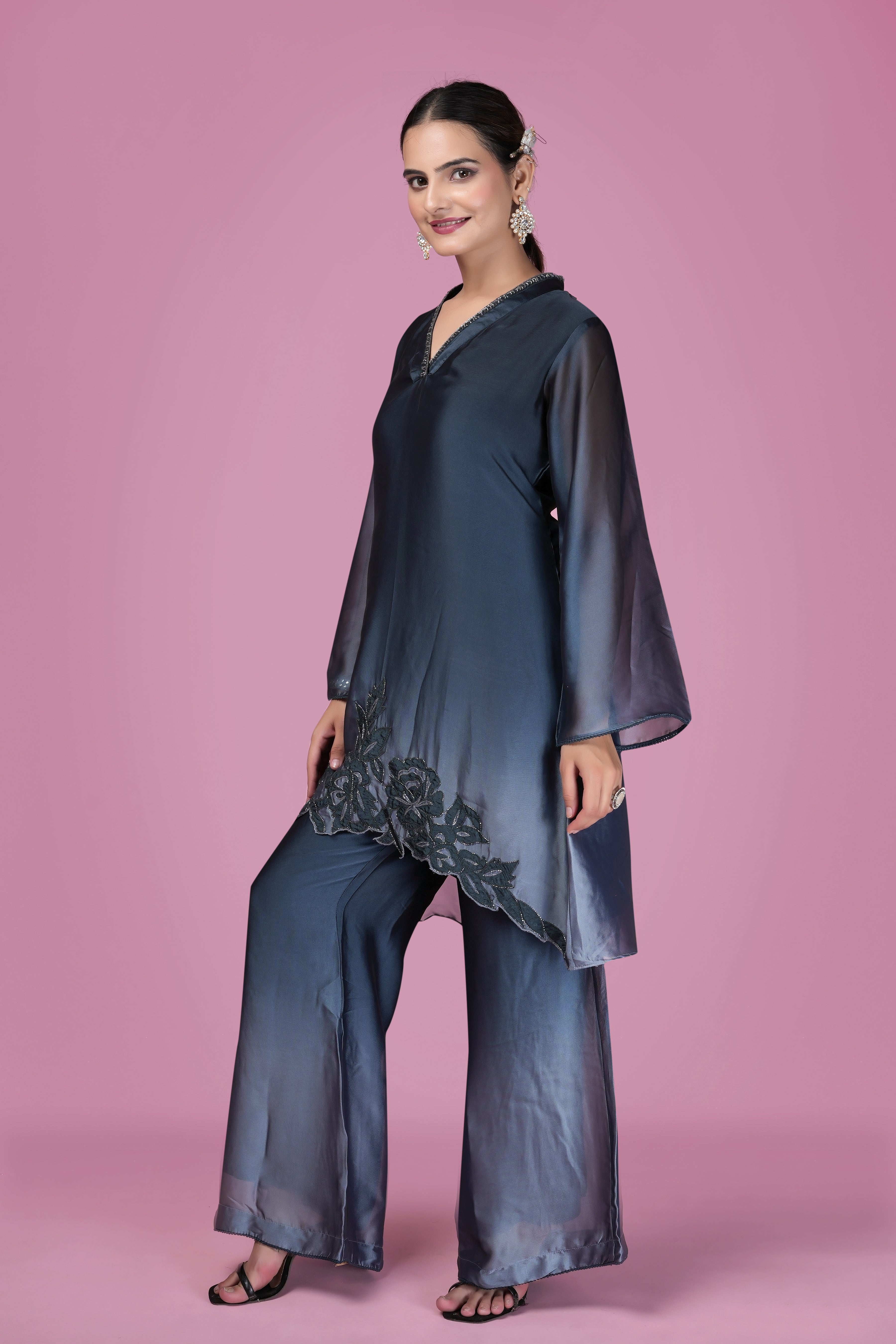 Midnight Blue Satin Embroidered Co-Ord Set
