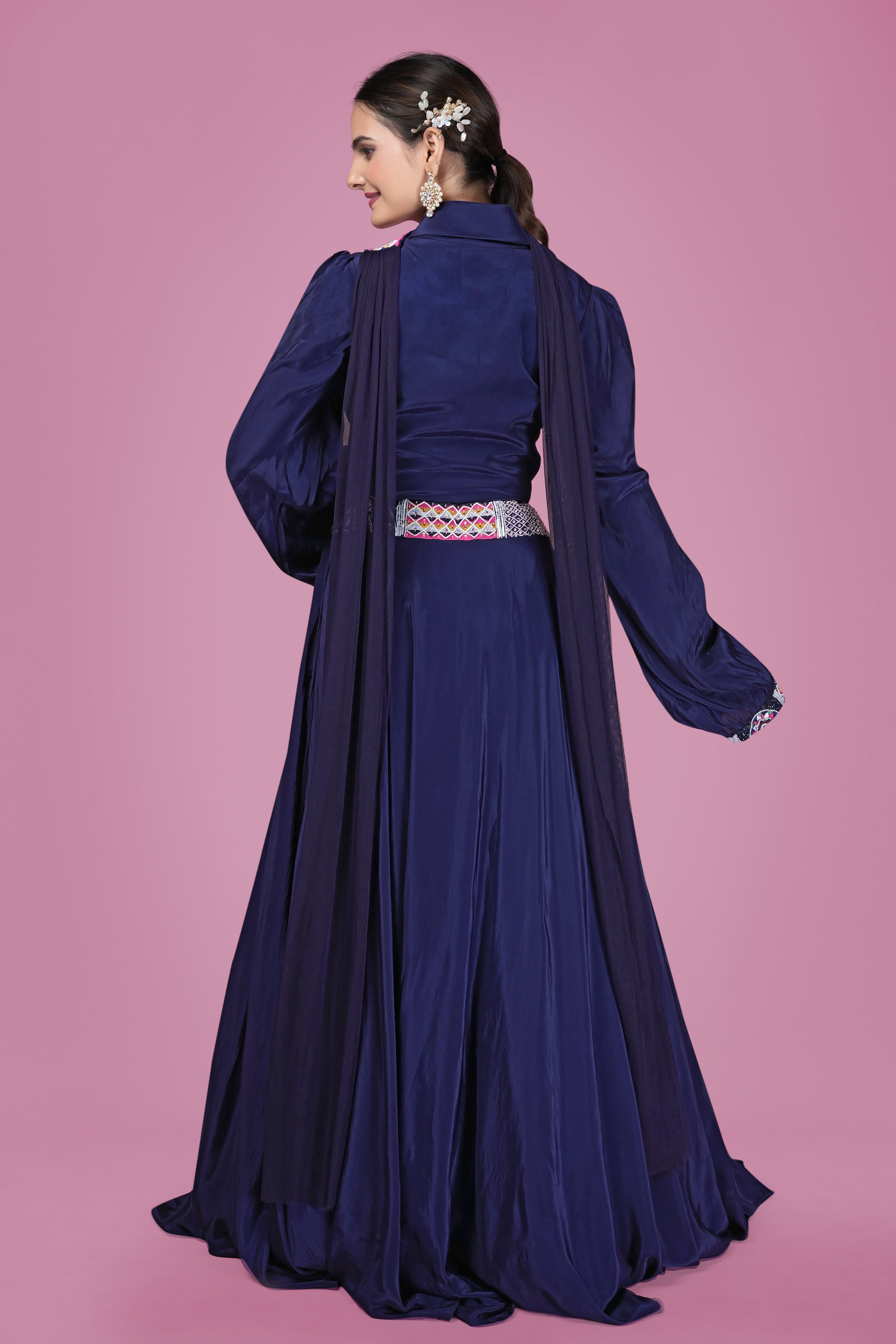Navy Blue Embroidered Flared Indo-Western Gown