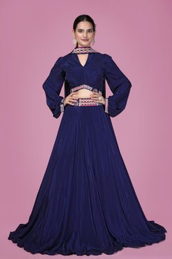 Navy Blue Embroidered Flared Indo-Western Gown Navy Blue Embroidered Flared Indo-Western Gown