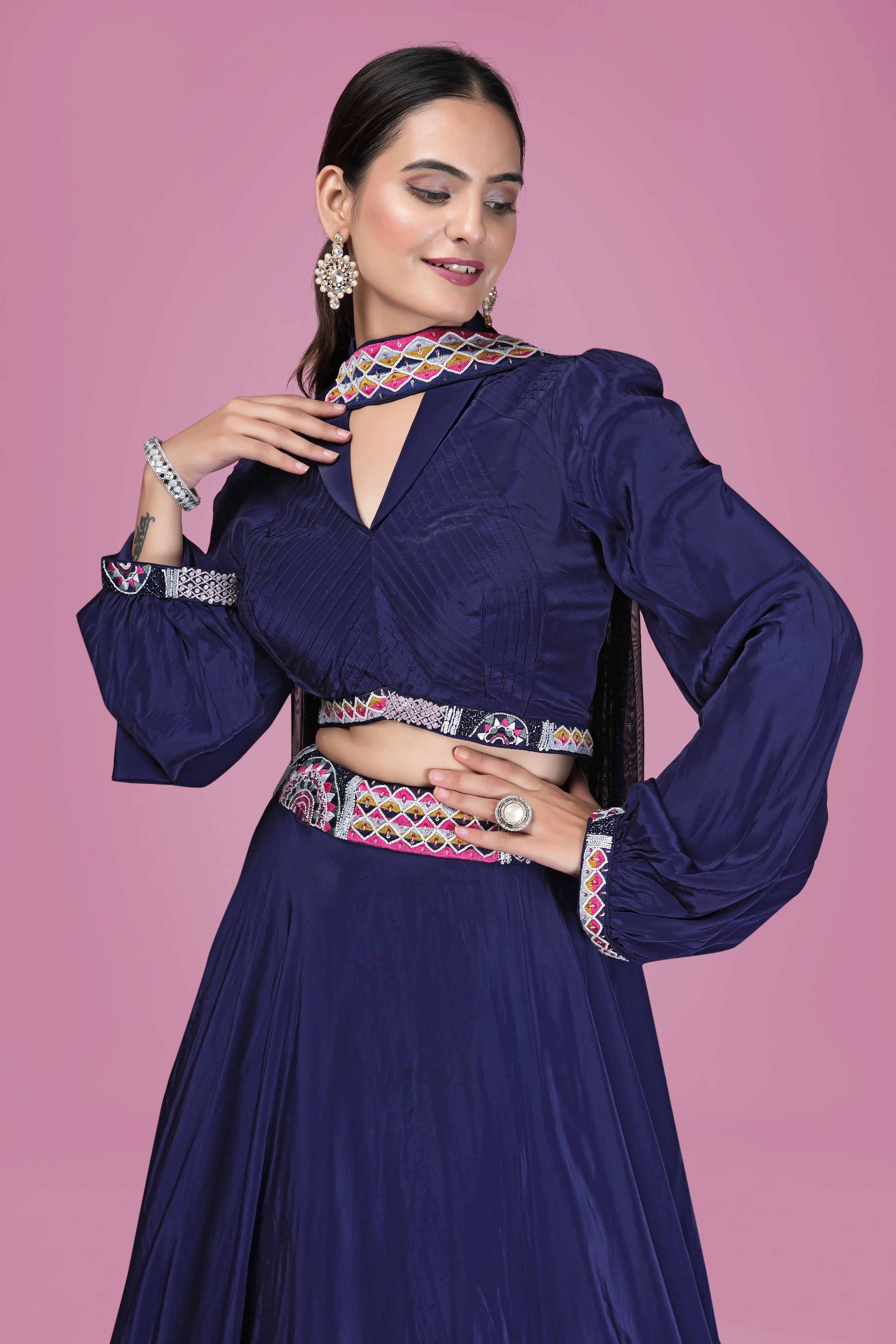Navy Blue Embroidered Flared Indo-Western Gown
