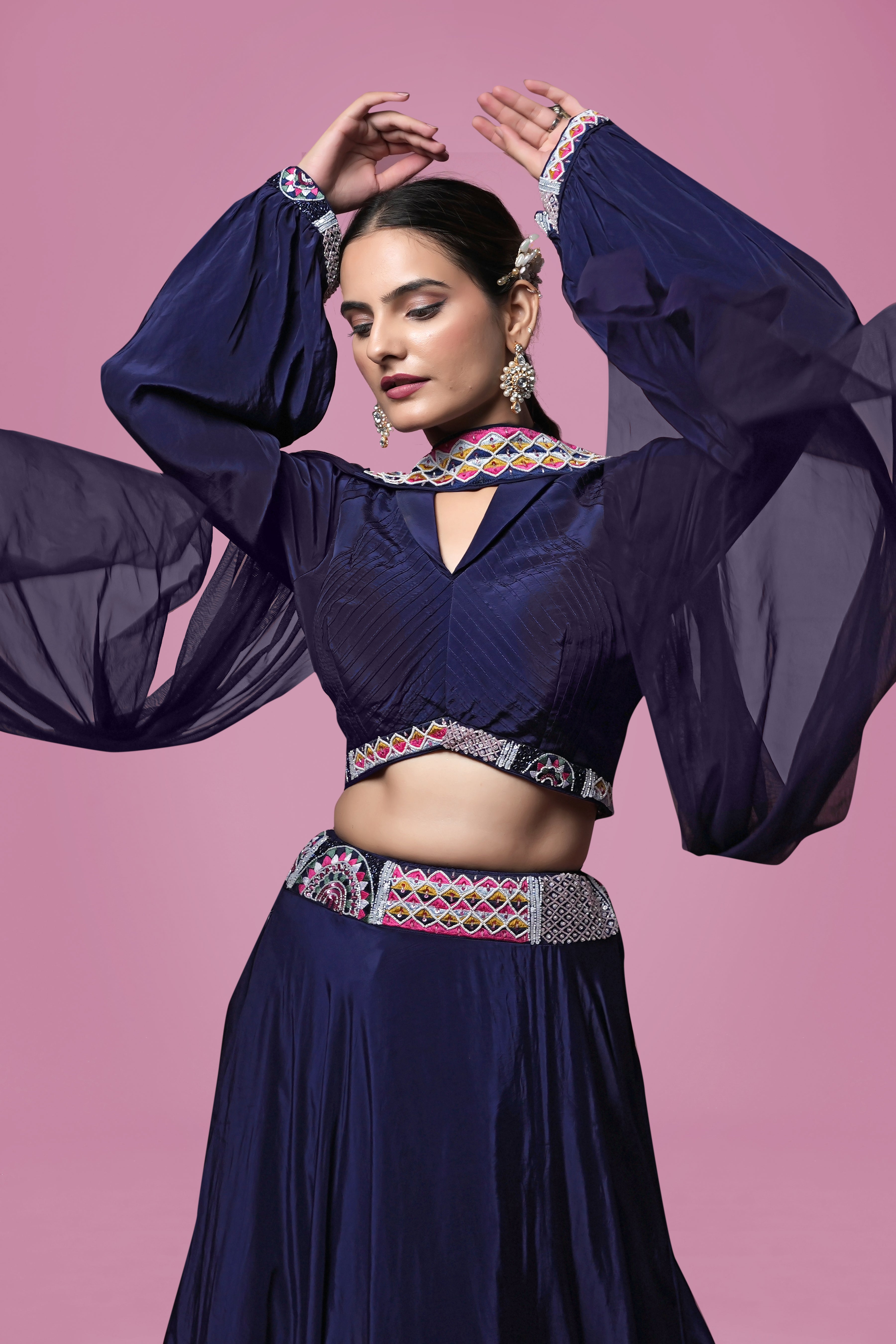 Navy Blue Embroidered Flared Indo-Western Gown