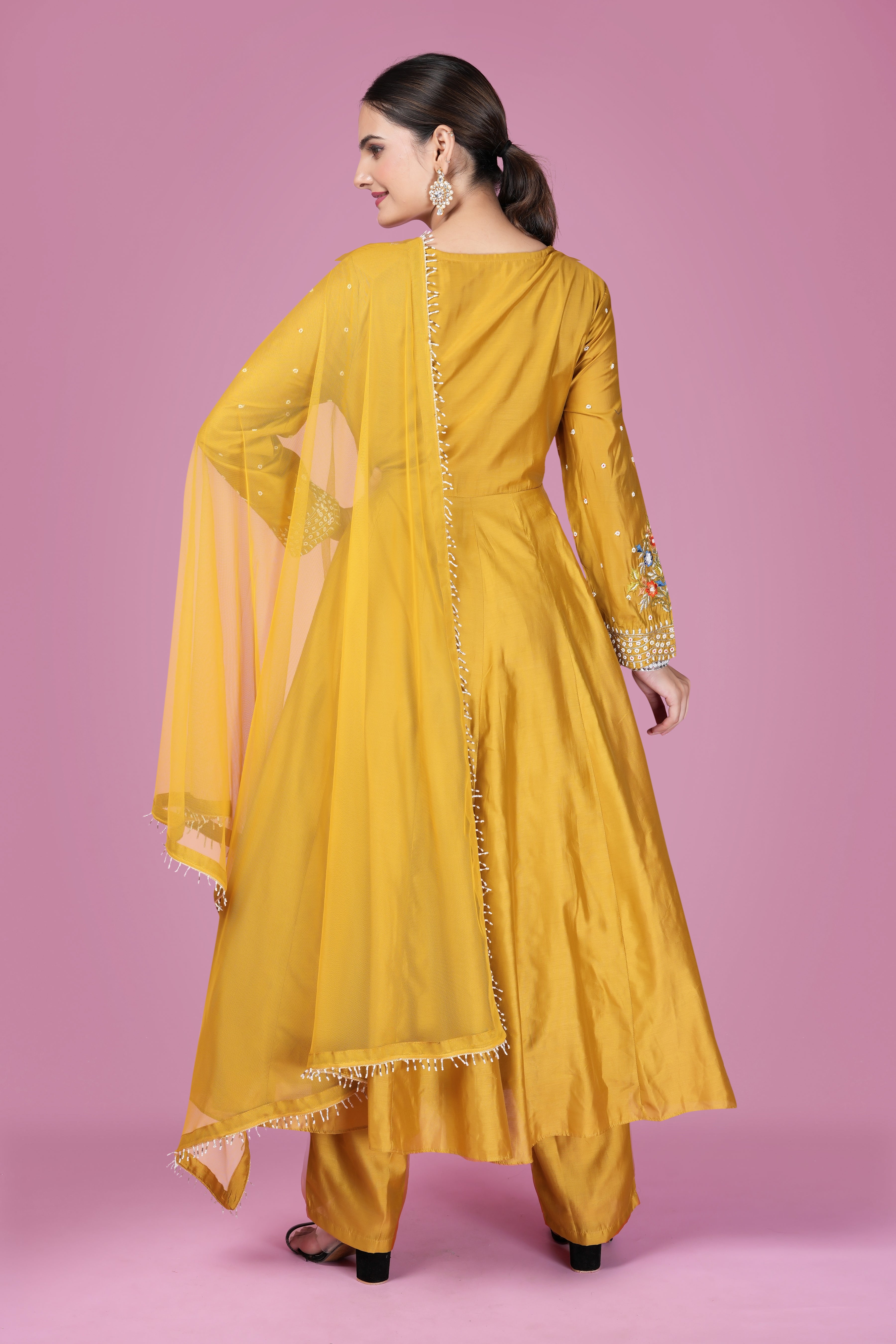 Mustard Yellow Mirror Work Anarkali Set