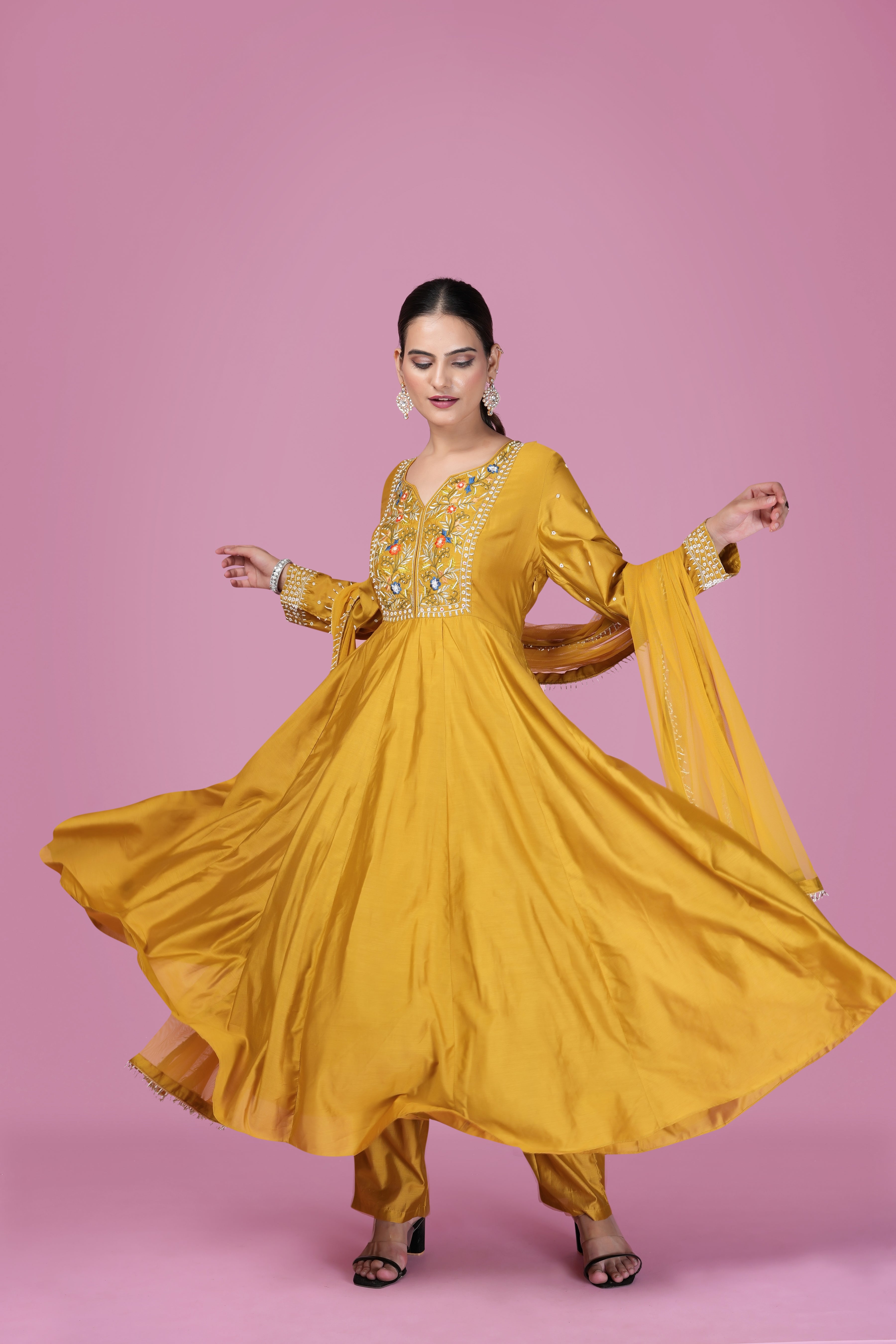 Mustard Yellow Mirror Work Anarkali Set