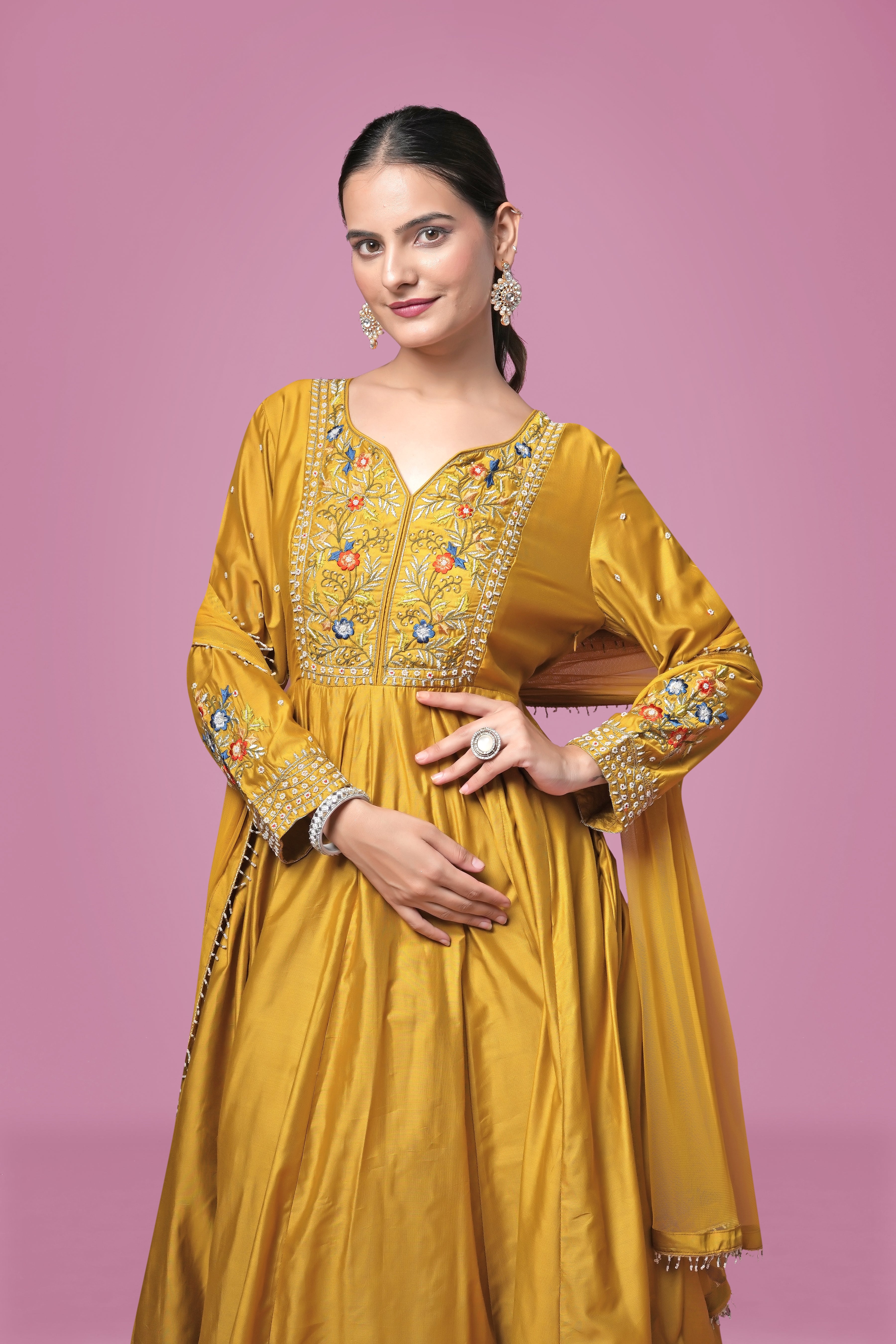 Mustard Yellow Mirror Work Anarkali Set