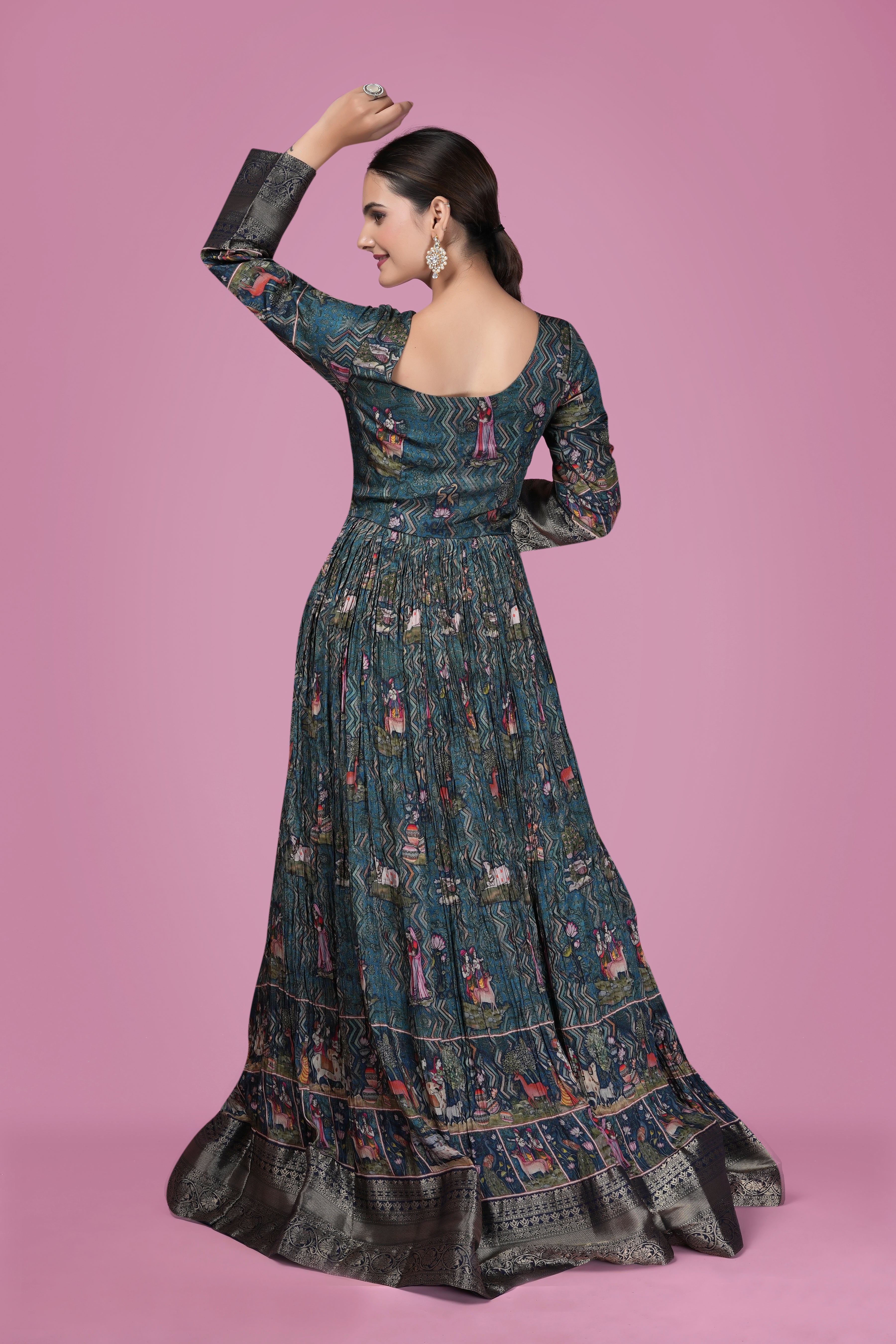 Teal Printed Anarkali Gown with Zari Border