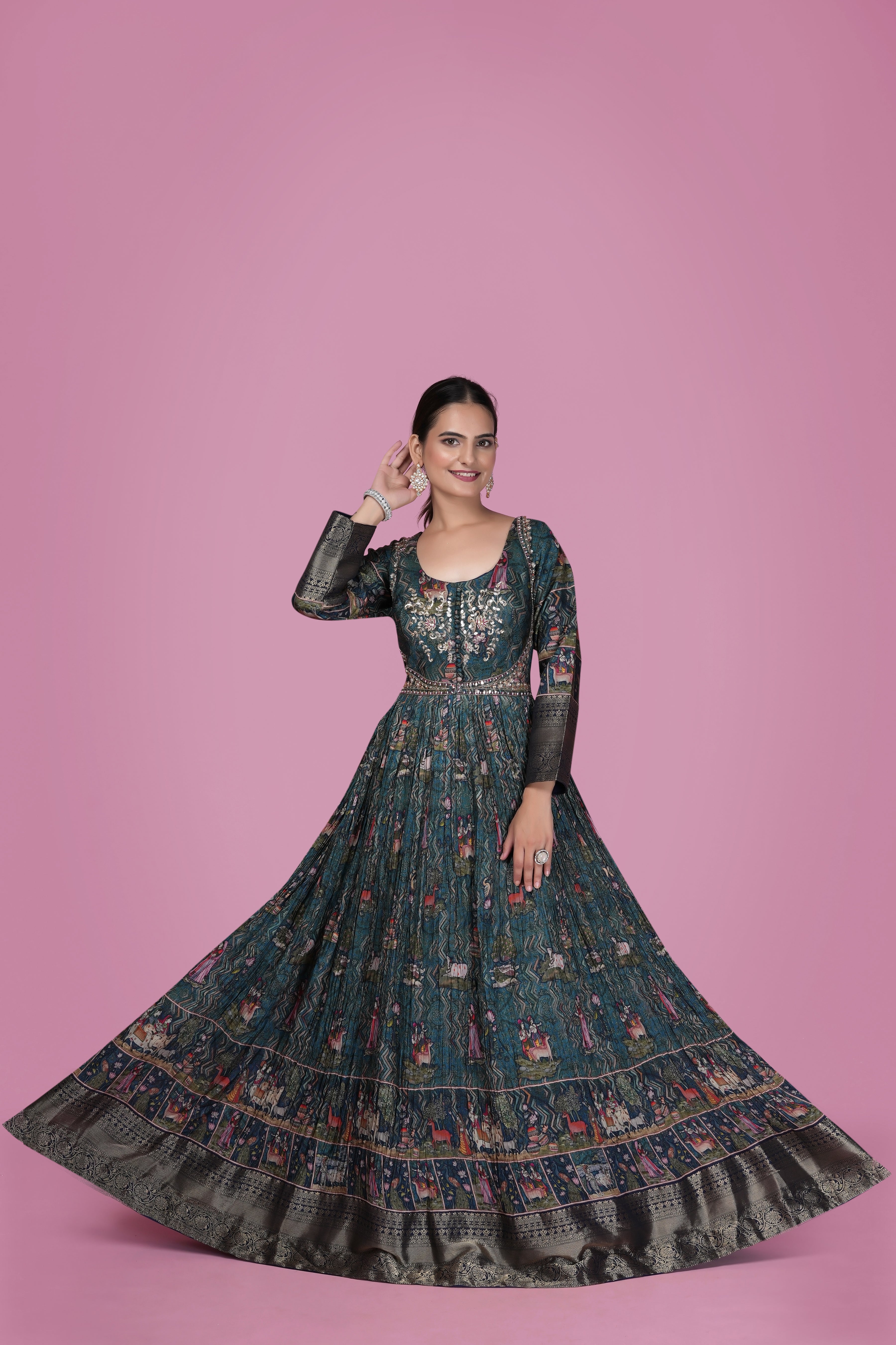 Teal Printed Anarkali Gown with Zari Border