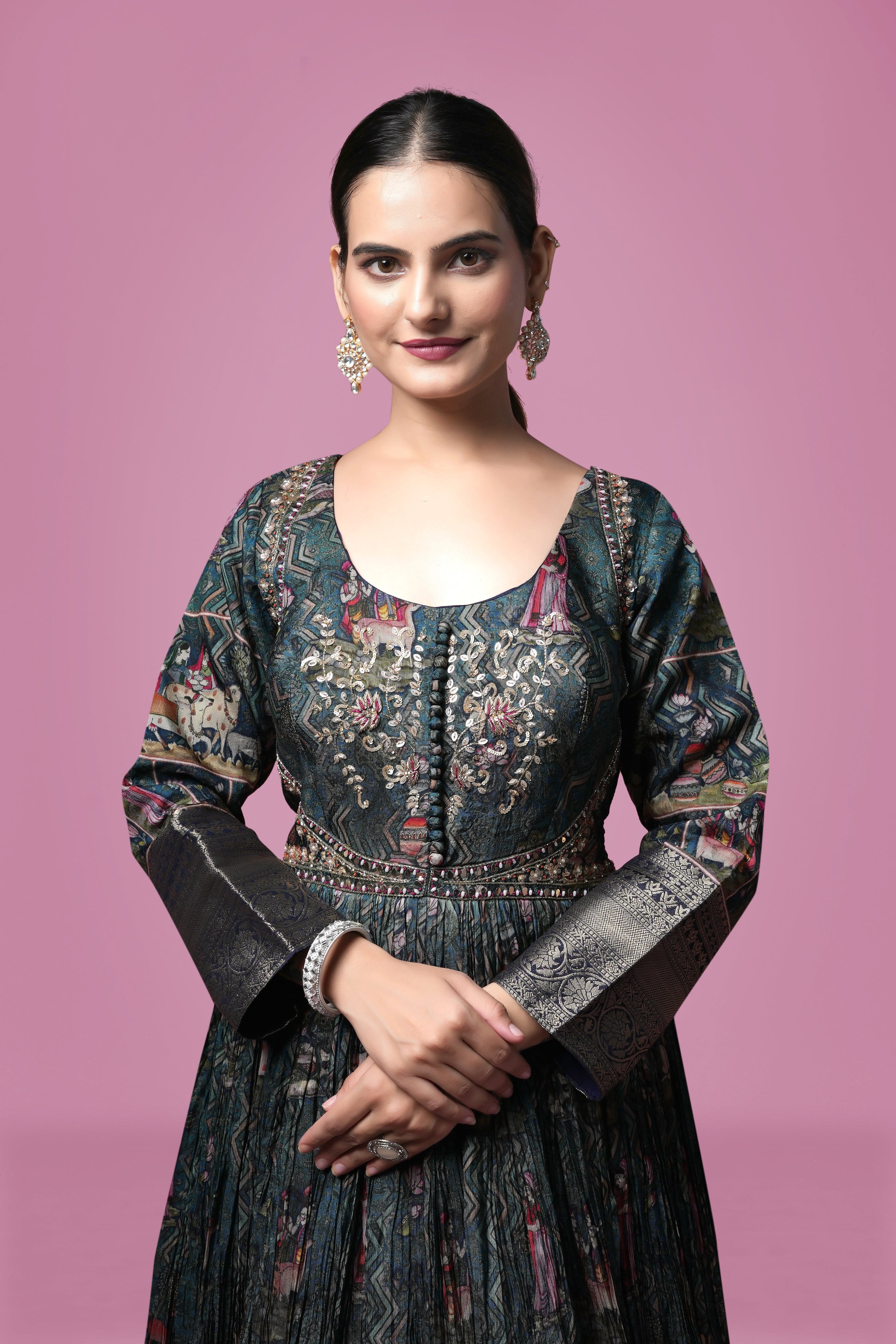 Teal Printed Anarkali Gown with Zari Border