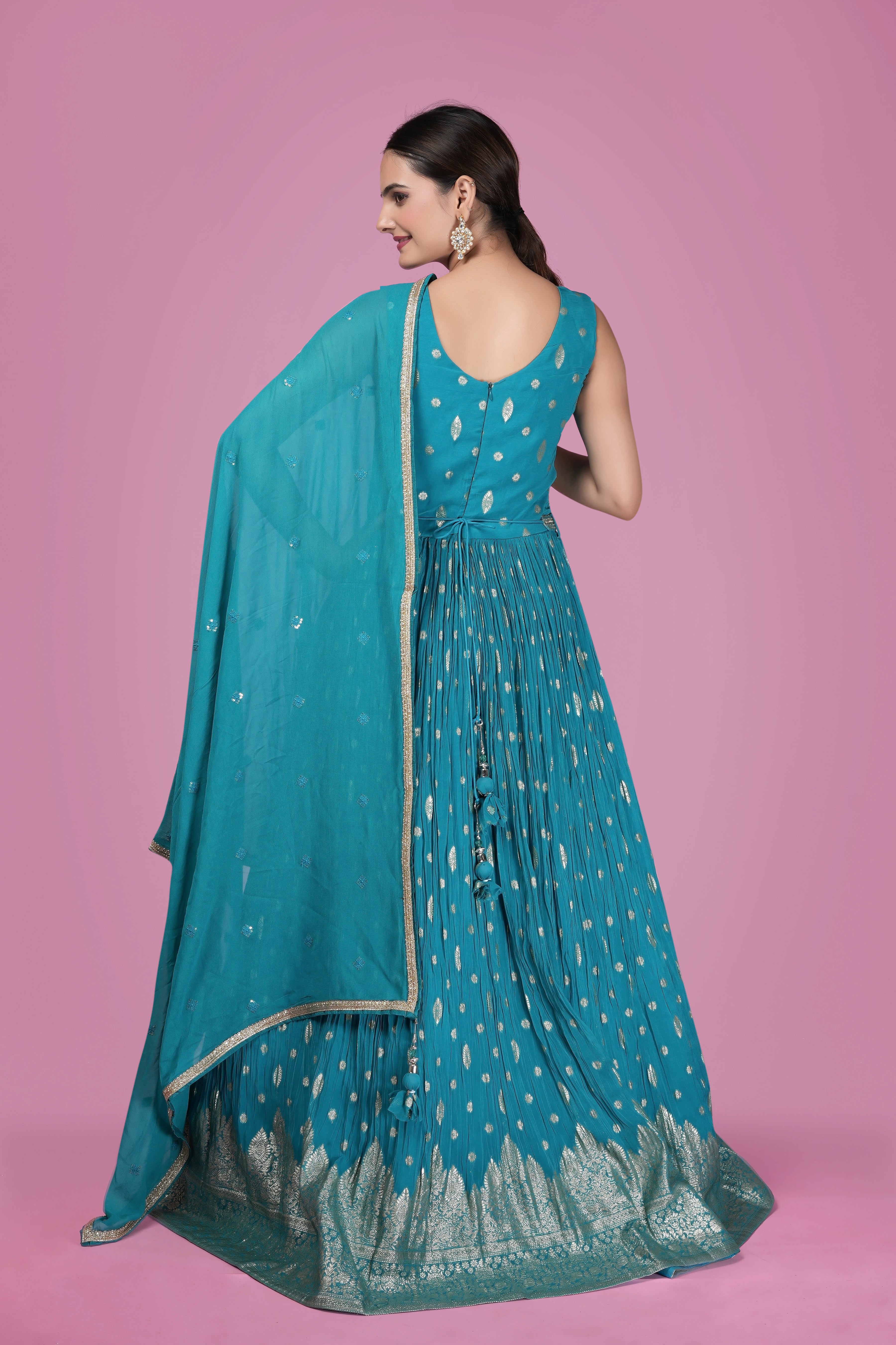 Turquoise Blue Embroidered Anarkali Gown with Dupatta