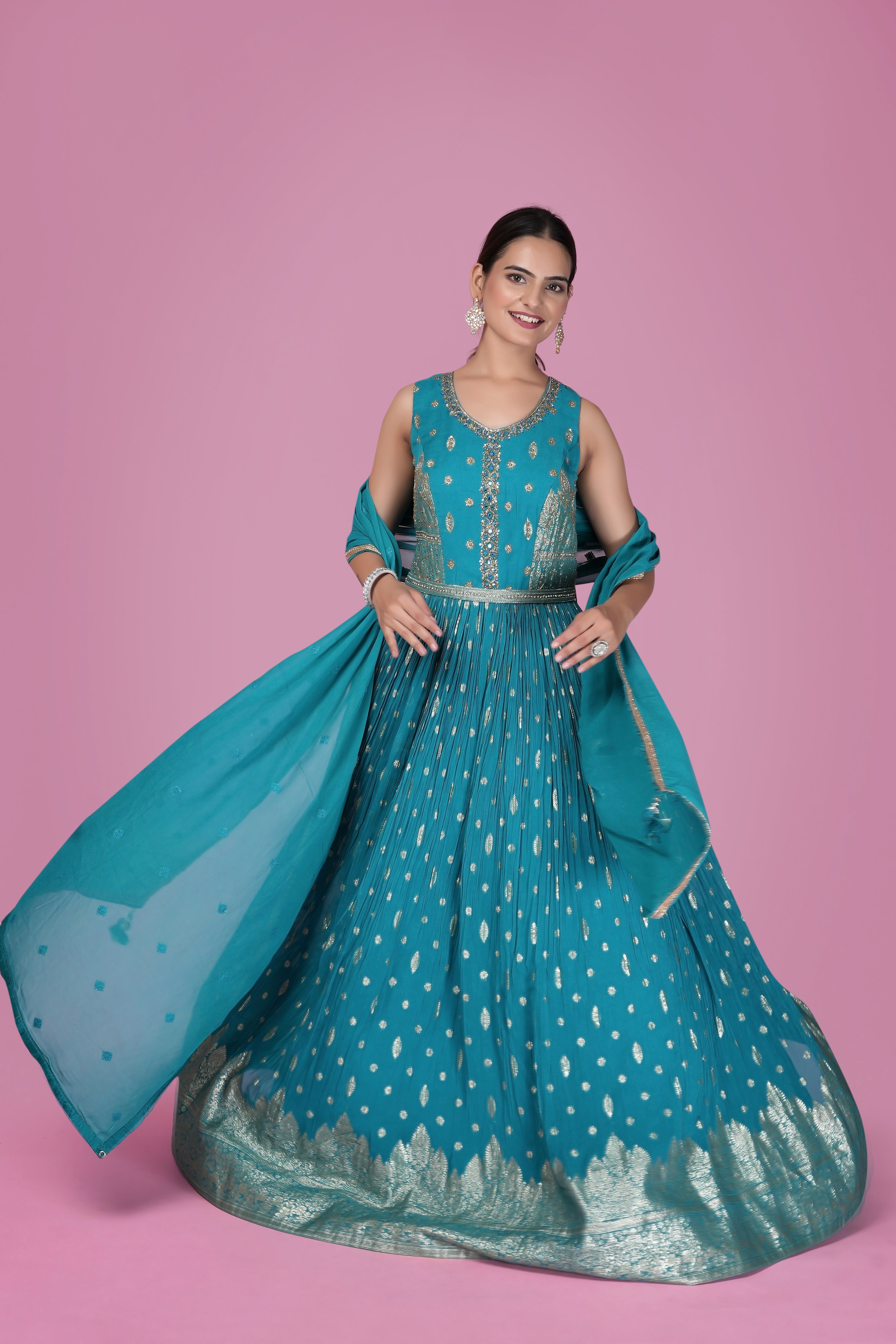 Turquoise Blue Embroidered Anarkali Gown with Dupatta
