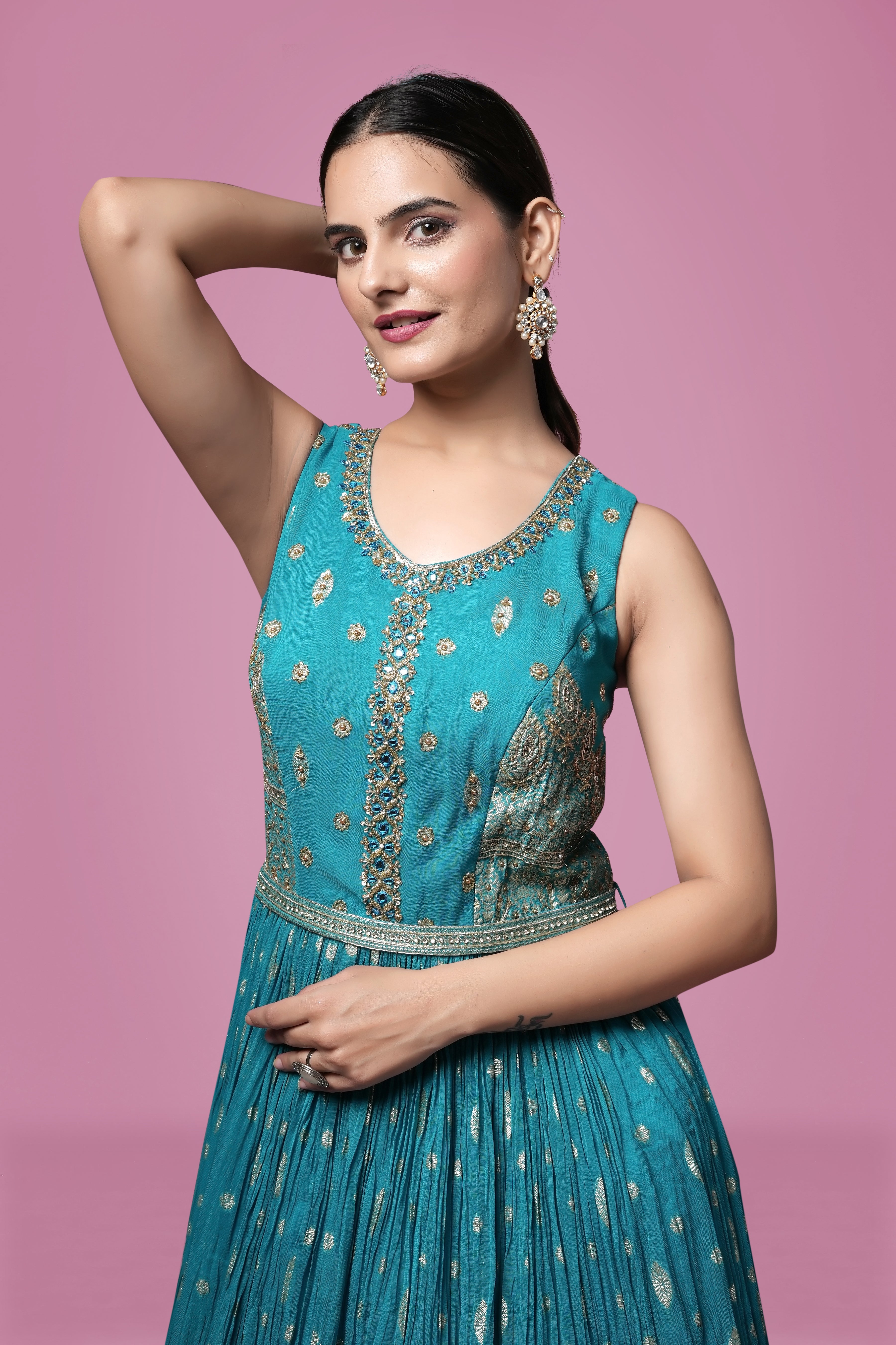 Turquoise Blue Embroidered Anarkali Gown with Dupatta