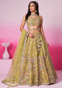 Mustard Color Net Sequins Embroidered Lehenga For Wedding