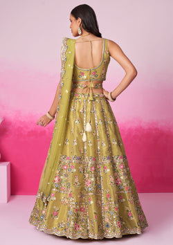 Mustard Color Net Sequins Embroidered Lehenga For Wedding