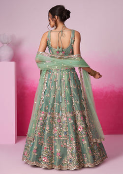 Sea Green Color Net Sequins Embroidered Lehenga For Wedding