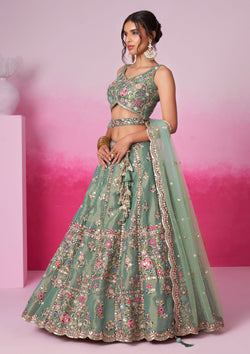 Sea Green Color Net Sequins Embroidered Lehenga For Wedding