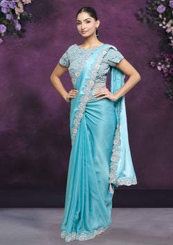 Turquoise Color Organza Silk Crepe Party Wear Saree