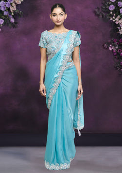 Turquoise Color Organza Silk Crepe Party Wear Saree