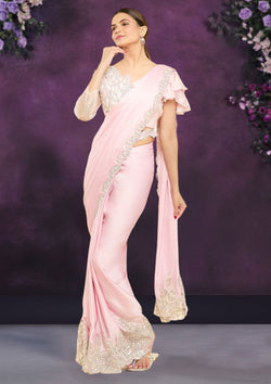 Pink Color Crepe Satin Silk Party Wear Saree