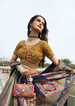 Designer Multi Color Banarasi Silk Zarkan Work Lehenga For Wedding