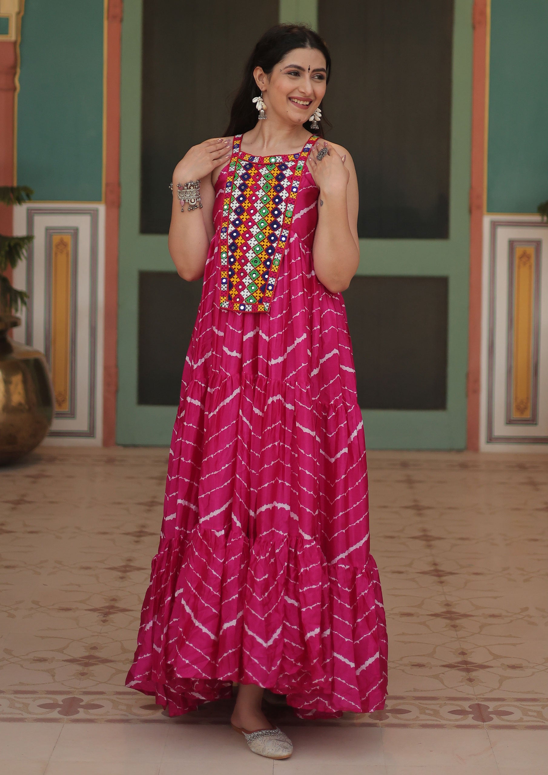Pink Color Chinnon Lehriya Print Gown For Navratri